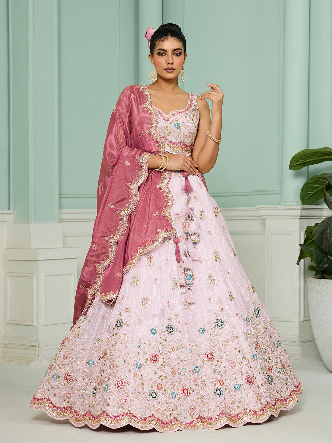 Pink- Tissue Fabric Sequins embroidery Semi-Stitched Lehenga & Unstitched Blouse With Dupatta - qivii