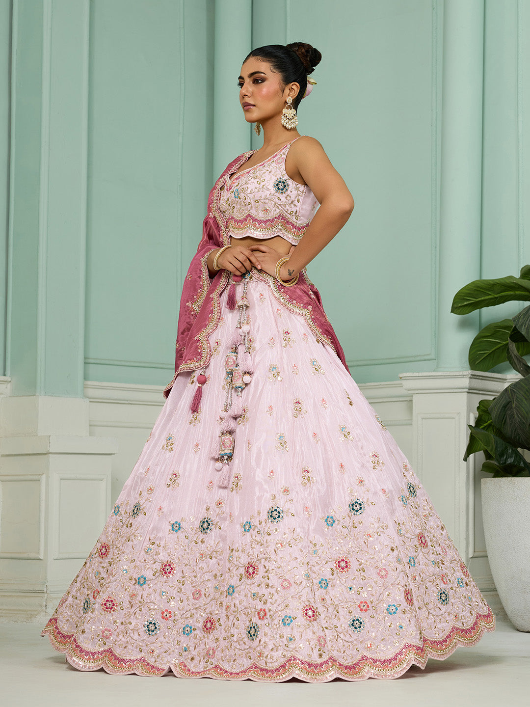 Pink- Tissue Fabric Sequins embroidery Semi-Stitched Lehenga & Unstitched Blouse With Dupatta - qivii