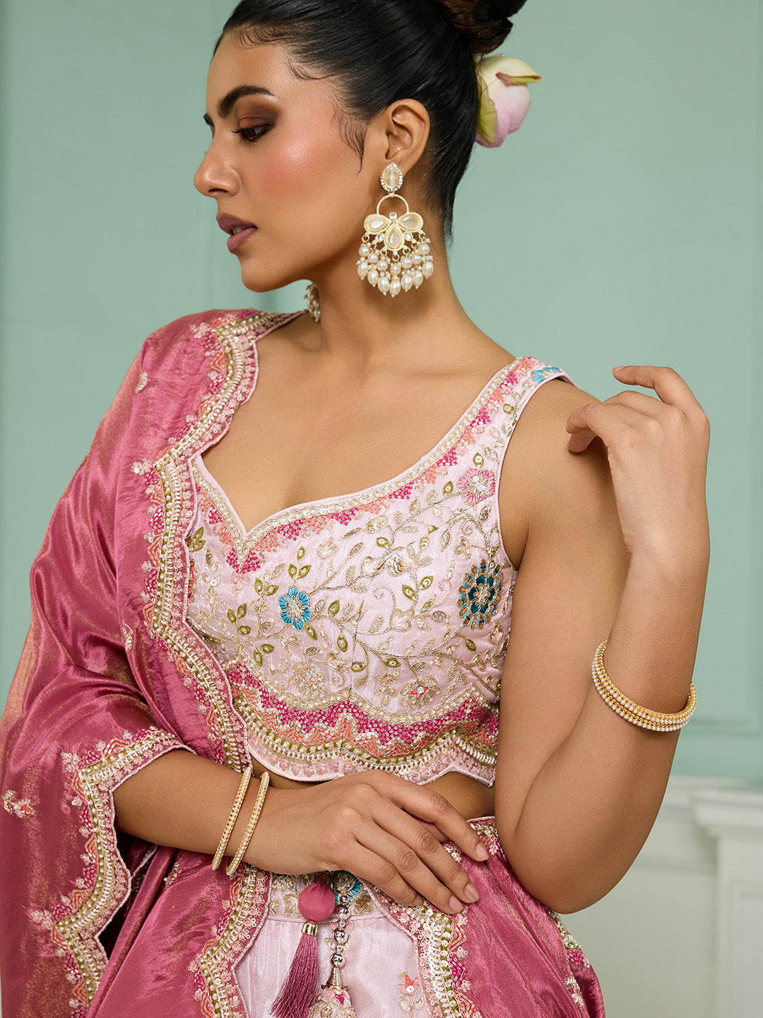 Pink- Tissue Fabric Sequins embroidery Semi-Stitched Lehenga & Unstitched Blouse With Dupatta - qivii