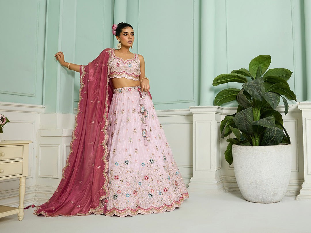 Pink- Tissue Fabric Sequins embroidery Semi-Stitched Lehenga & Unstitched Blouse With Dupatta - qivii