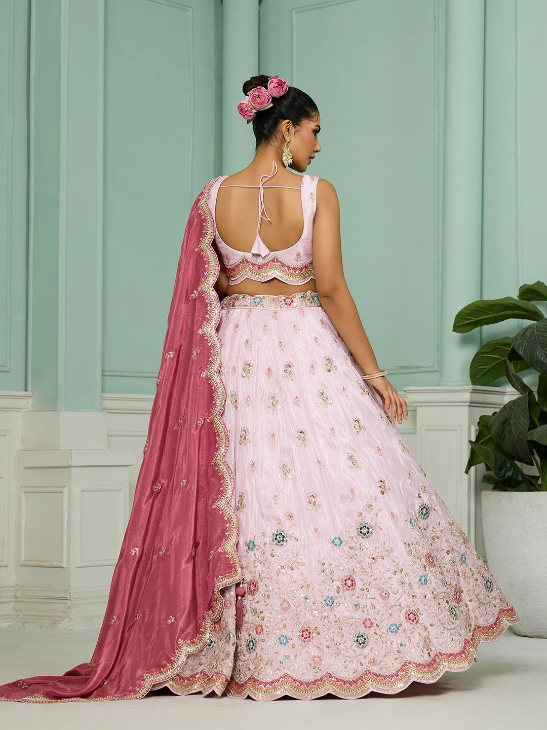 Pink- Tissue Fabric Sequins embroidery Semi-Stitched Lehenga & Unstitched Blouse With Dupatta - qivii