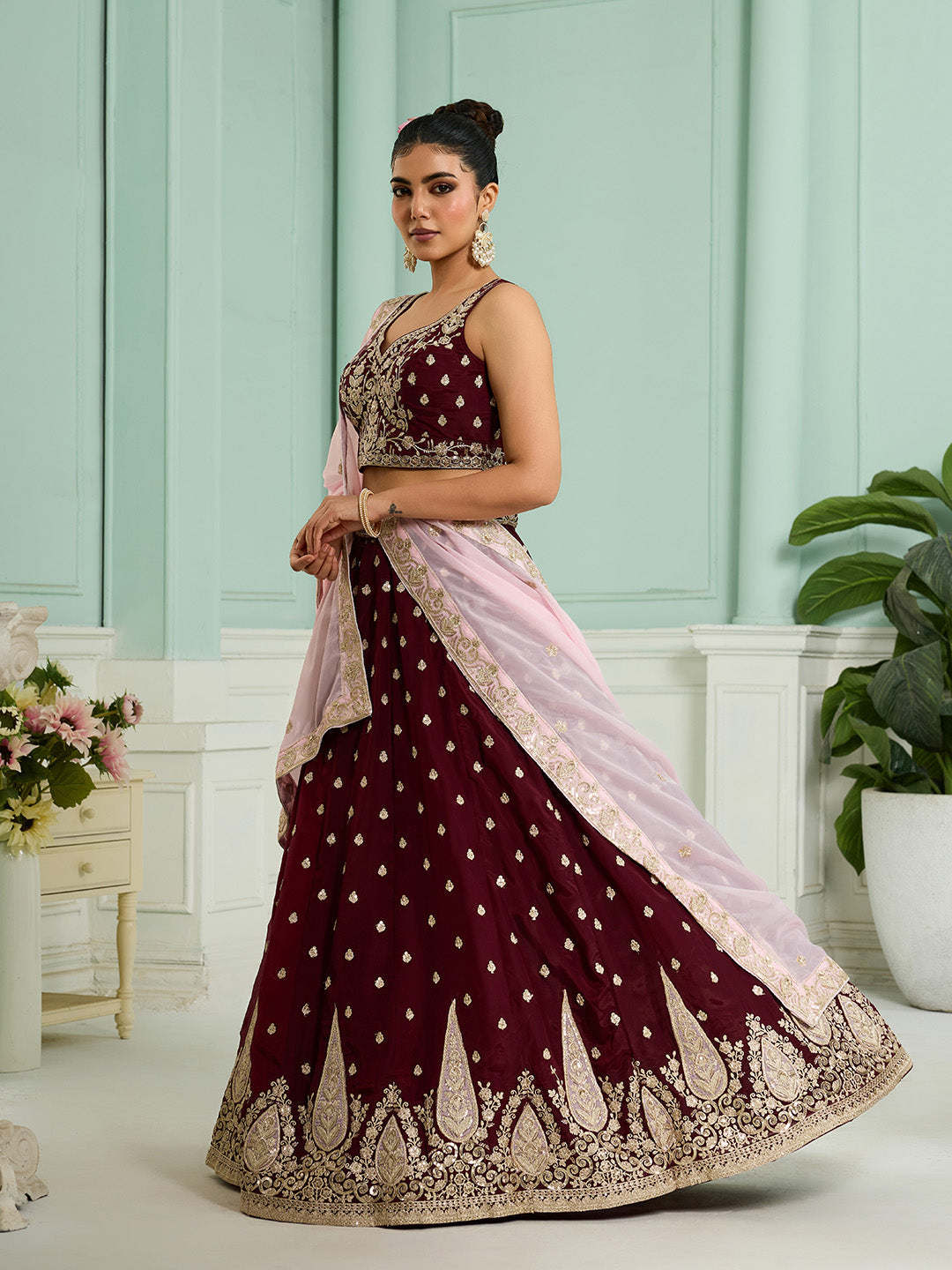 Maroon- Organza Fabric Sequins embroidery Semi-Stitched Lehenga & Unstitched Blouse With Dupatta - qivii