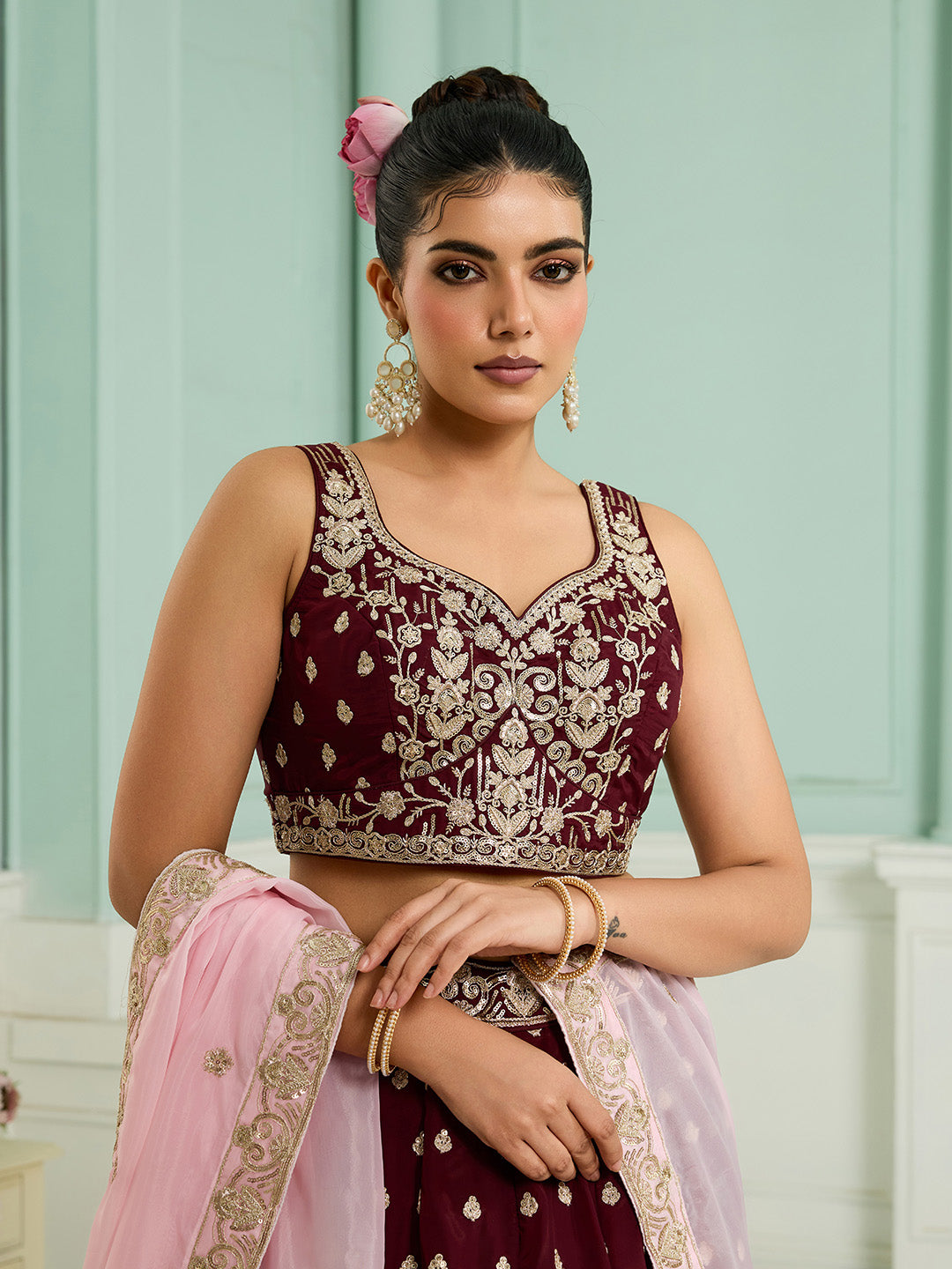 Maroon- Organza Fabric Sequins embroidery Semi-Stitched Lehenga & Unstitched Blouse With Dupatta - qivii