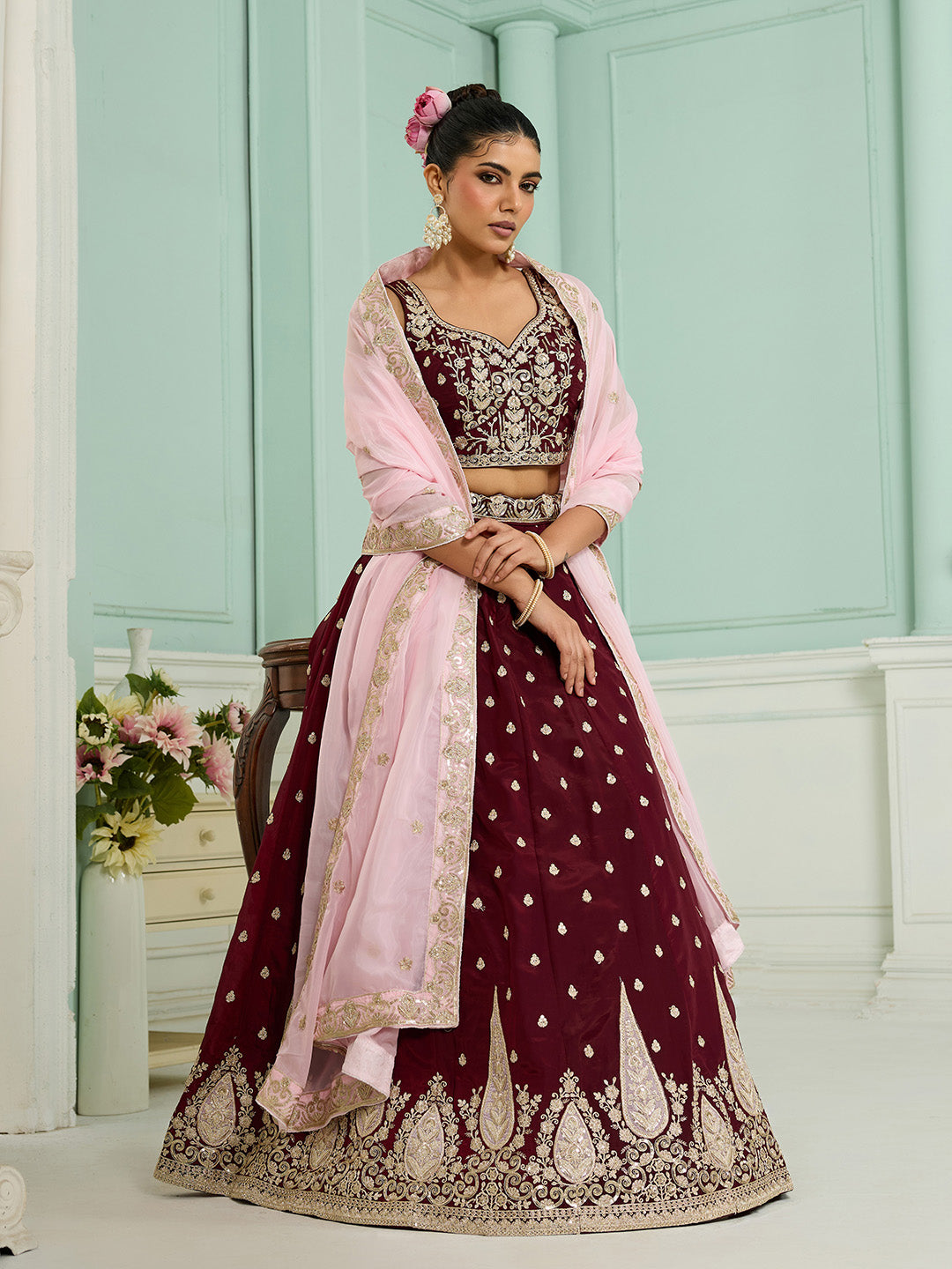 Maroon- Organza Fabric Sequins embroidery Semi-Stitched Lehenga & Unstitched Blouse With Dupatta - qivii