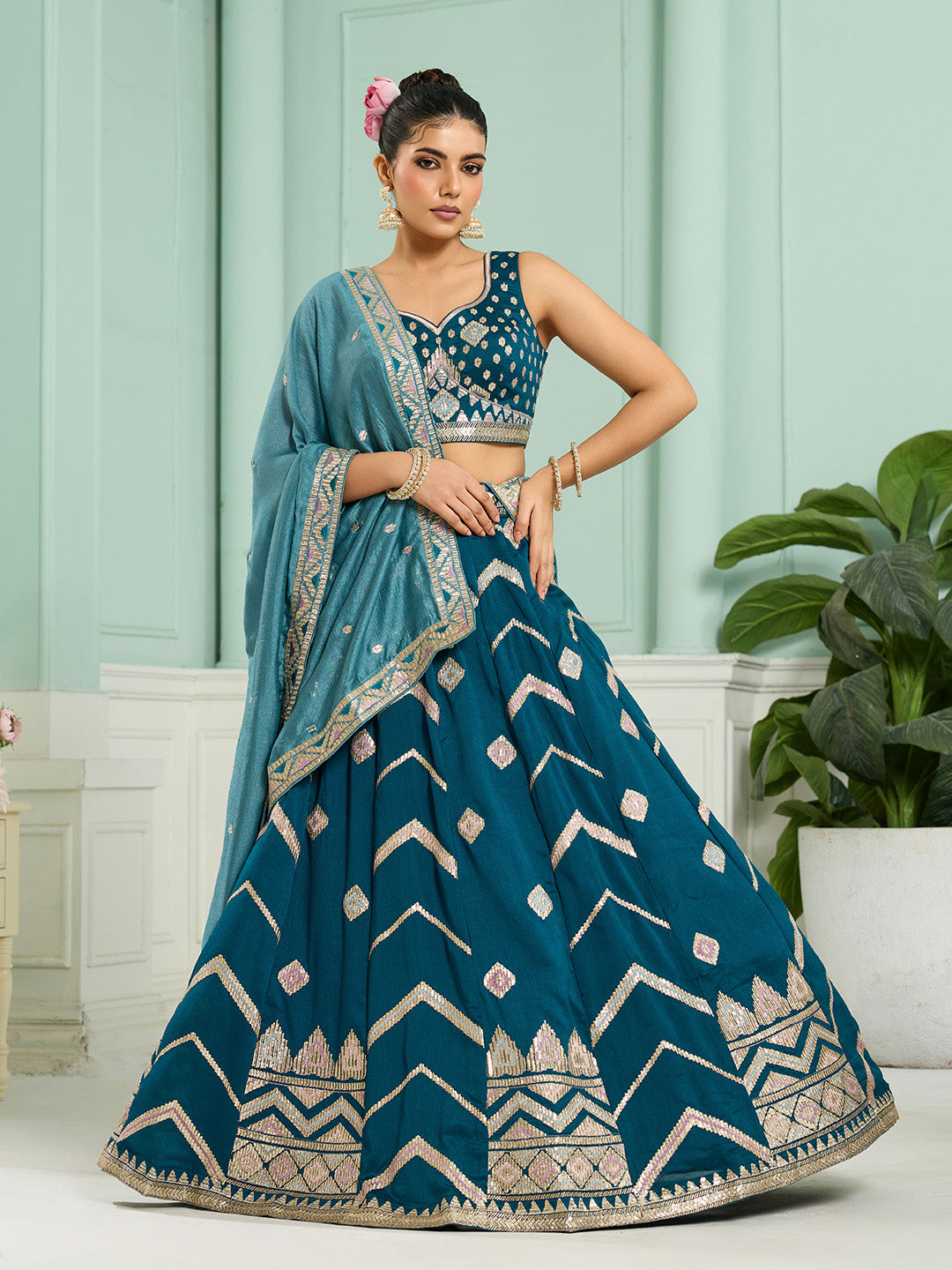 Teal- Silk Fabric Sequins embroidery Semi-Stitched Lehenga & Unstitched Blouse With Dupatta - qivii