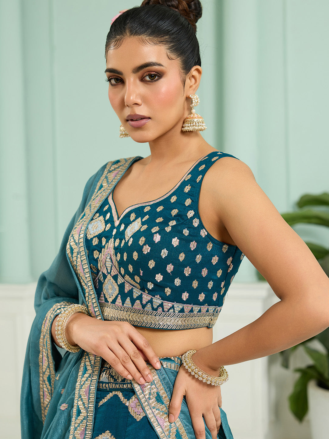 Teal- Silk Fabric Sequins embroidery Semi-Stitched Lehenga & Unstitched Blouse With Dupatta - qivii