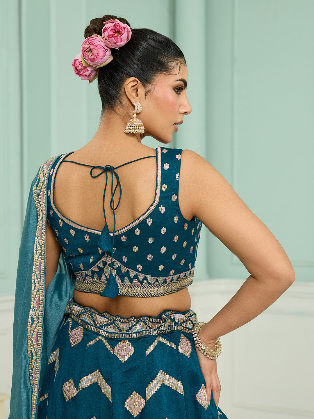 Teal- Silk Fabric Sequins embroidery Semi-Stitched Lehenga & Unstitched Blouse With Dupatta - qivii
