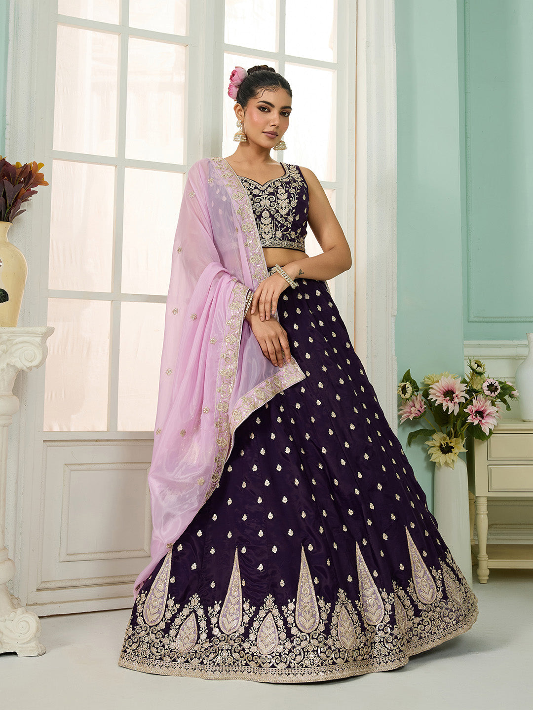 Purple- Organza Fabric Sequins embroidery Semi-Stitched Lehenga & Unstitched Blouse With Dupatta - qivii