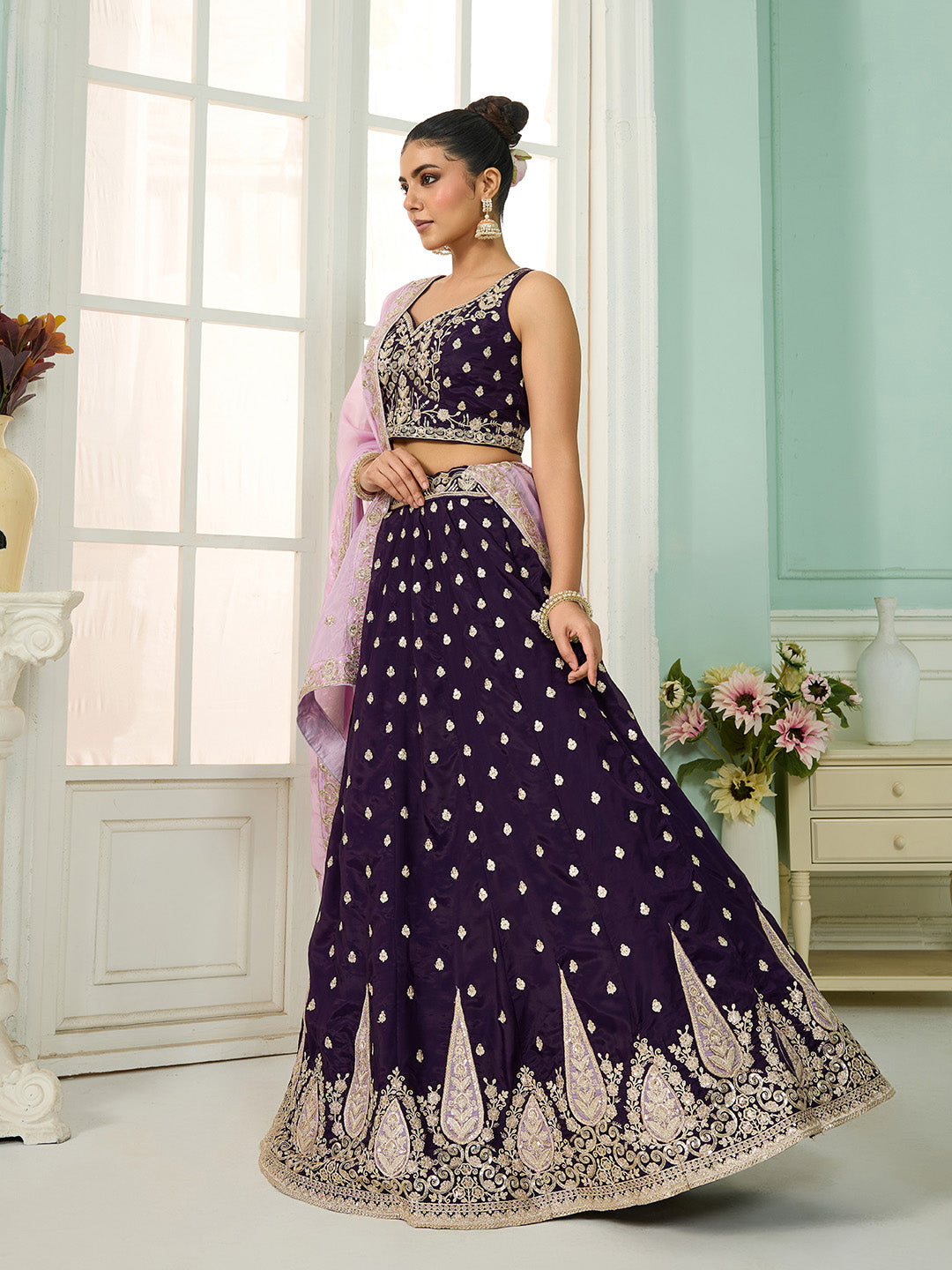 Purple- Organza Fabric Sequins embroidery Semi-Stitched Lehenga & Unstitched Blouse With Dupatta - qivii