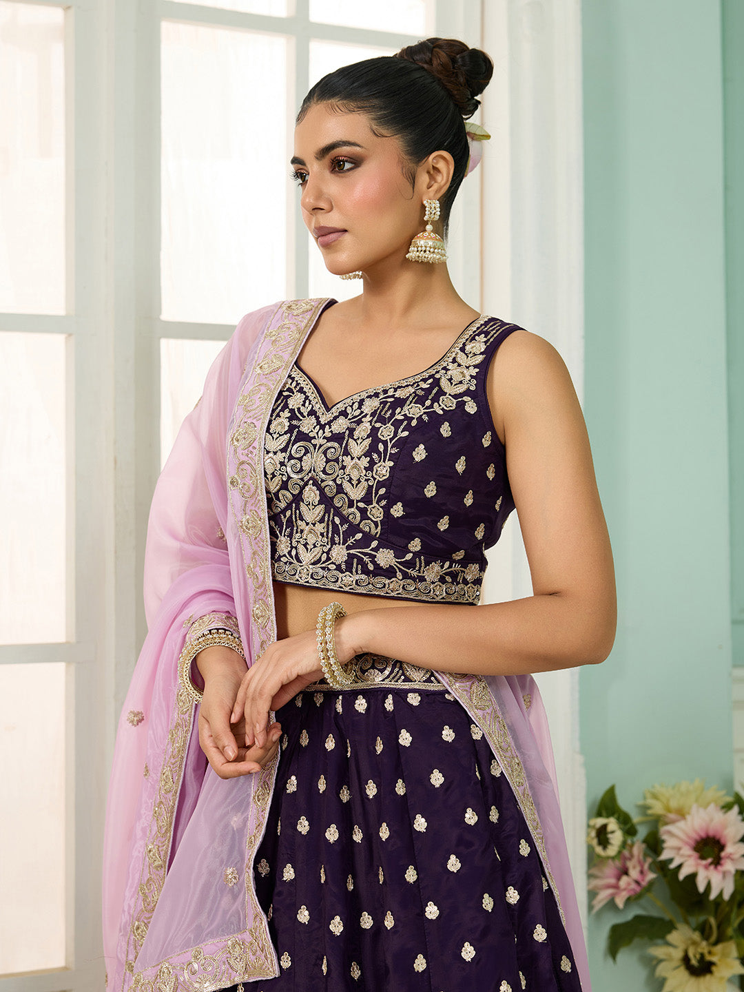 Purple- Organza Fabric Sequins embroidery Semi-Stitched Lehenga & Unstitched Blouse With Dupatta - qivii
