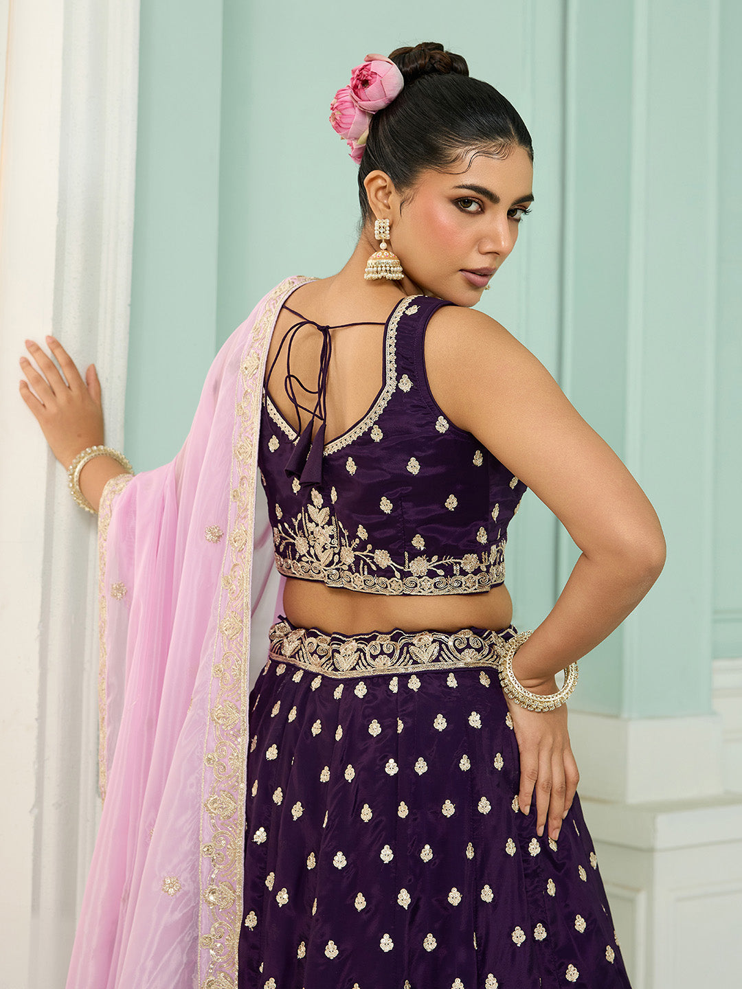 Purple- Organza Fabric Sequins embroidery Semi-Stitched Lehenga & Unstitched Blouse With Dupatta - qivii