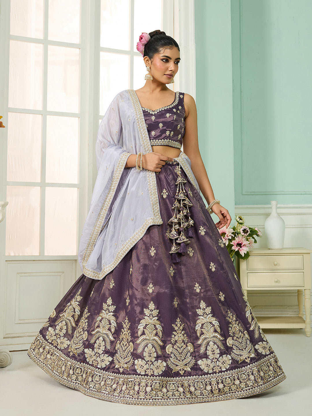 Purple- Tissue Fabric Sequins embroidery Semi-Stitched Lehenga & Unstitched Blouse With Dupatta - qivii