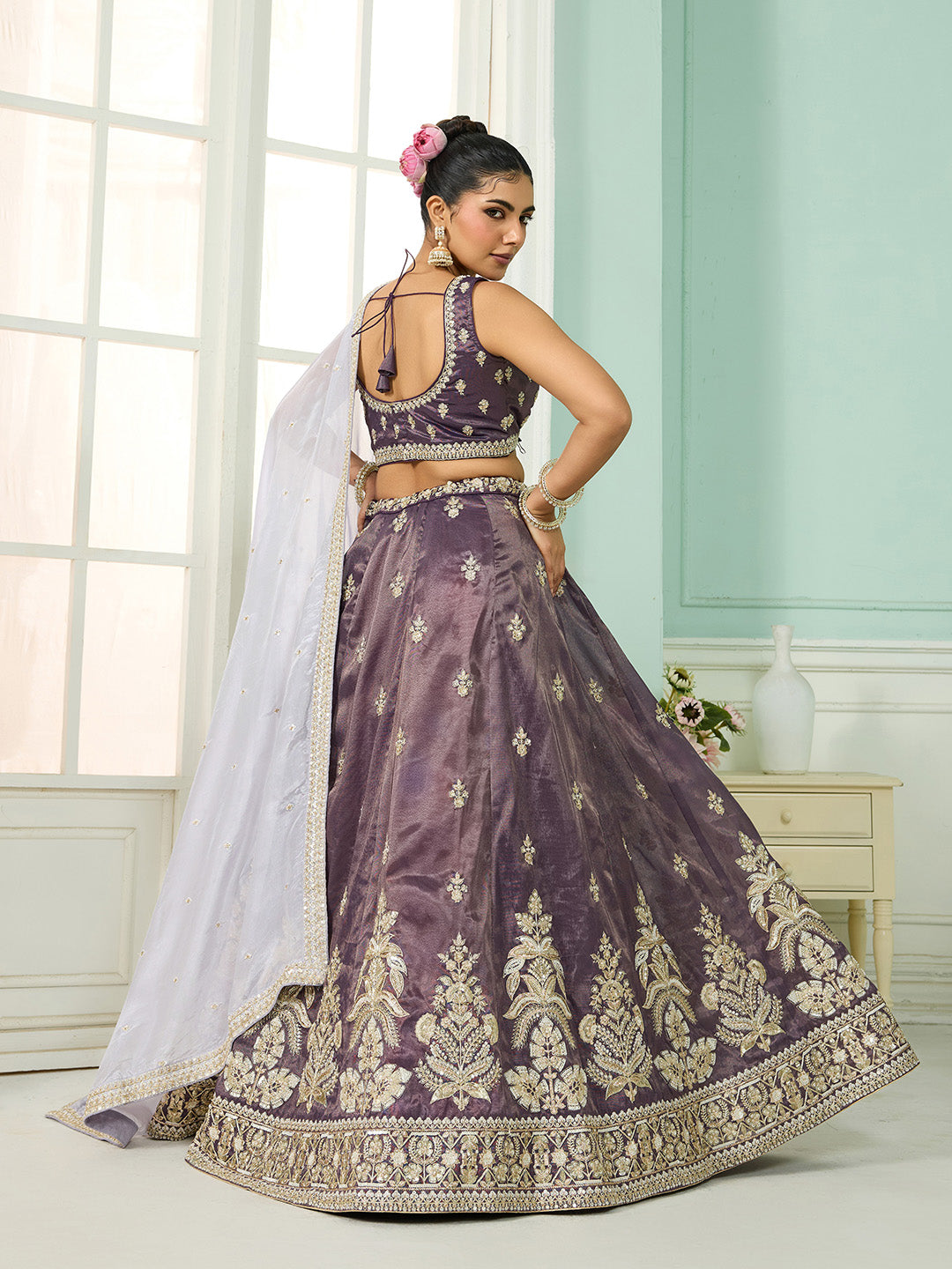 Purple- Tissue Fabric Sequins embroidery Semi-Stitched Lehenga & Unstitched Blouse With Dupatta - qivii