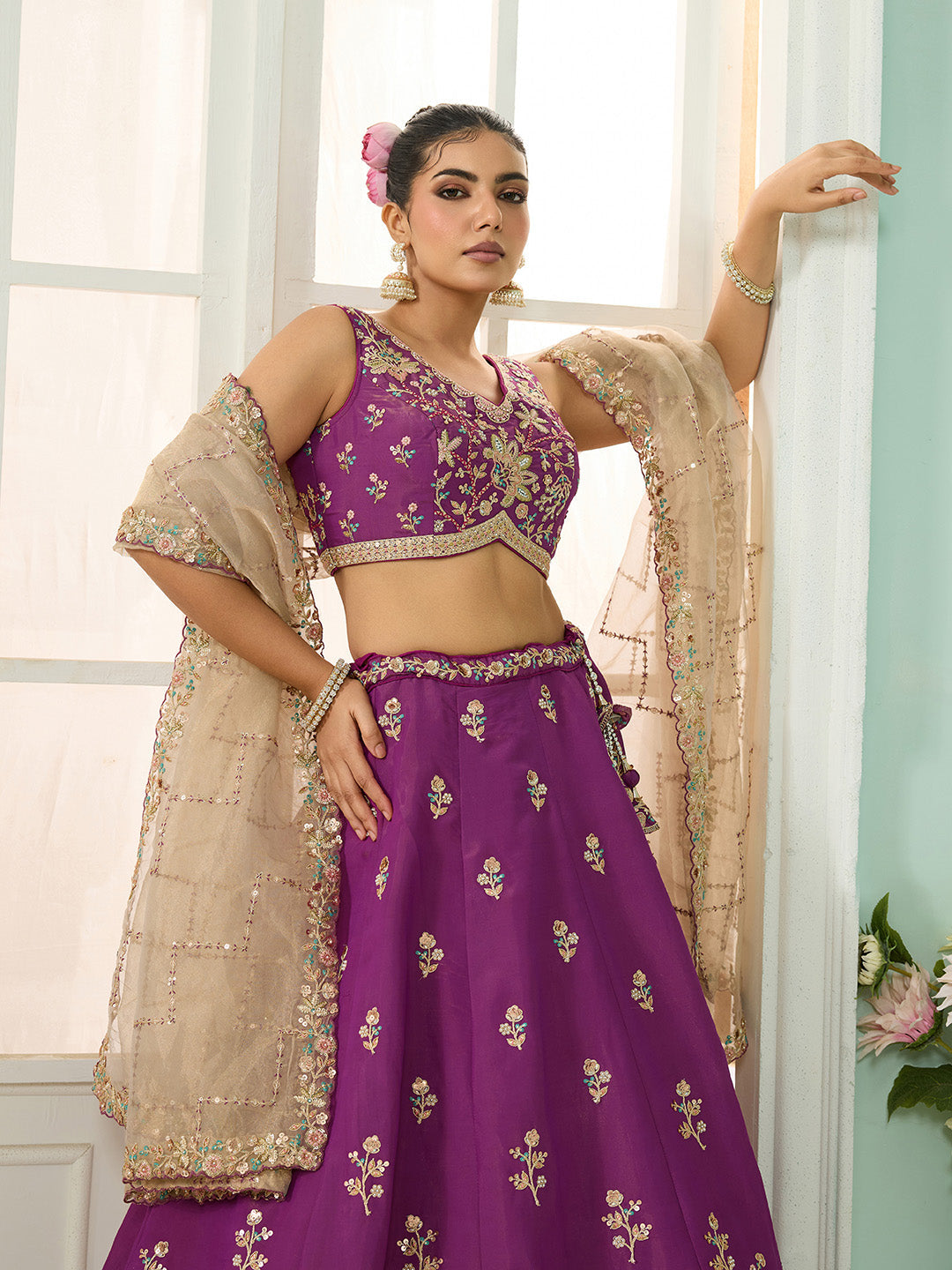 Burgundy- Georgette Fabric Sequins embroidery Semi-Stitched Lehenga & Unstitched Blouse With Dupatta - qivii