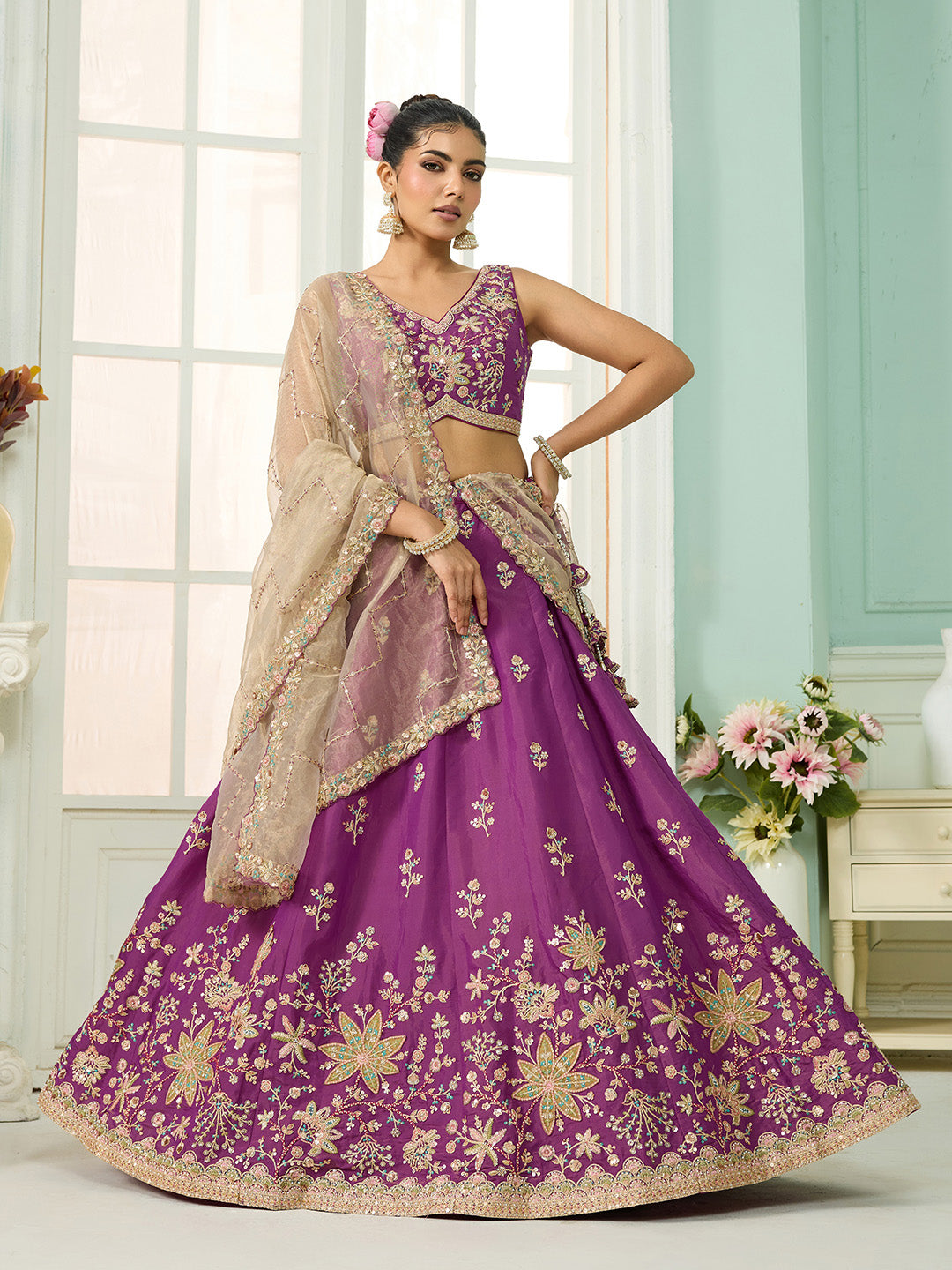 Burgundy- Georgette Fabric Sequins embroidery Semi-Stitched Lehenga & Unstitched Blouse With Dupatta - qivii