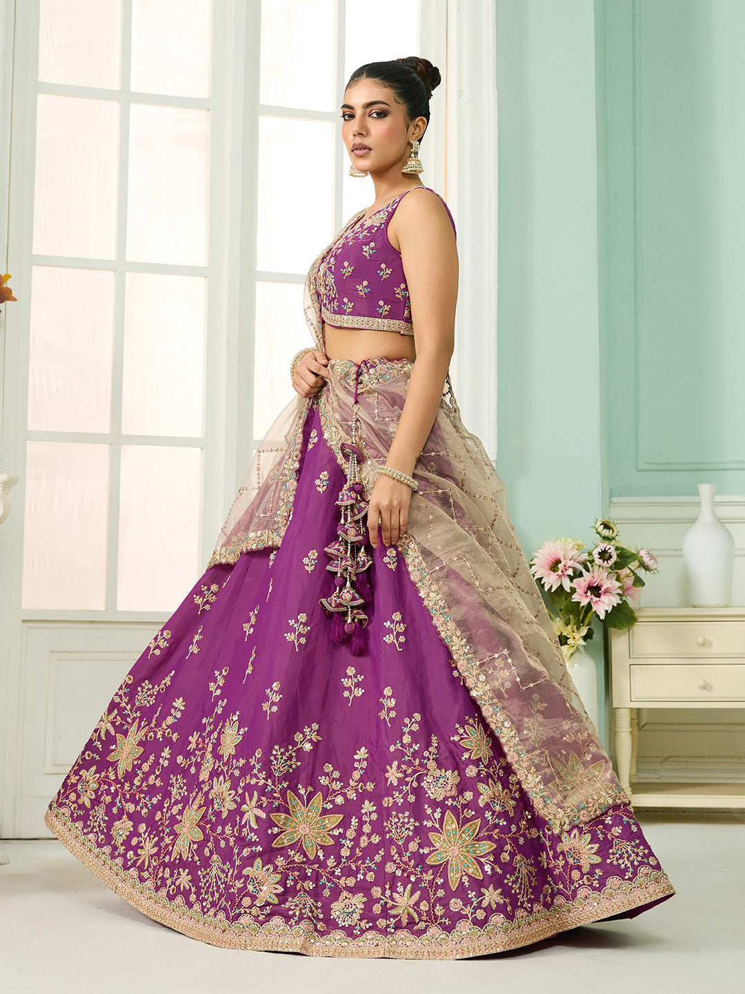 Burgundy- Georgette Fabric Sequins embroidery Semi-Stitched Lehenga & Unstitched Blouse With Dupatta - qivii