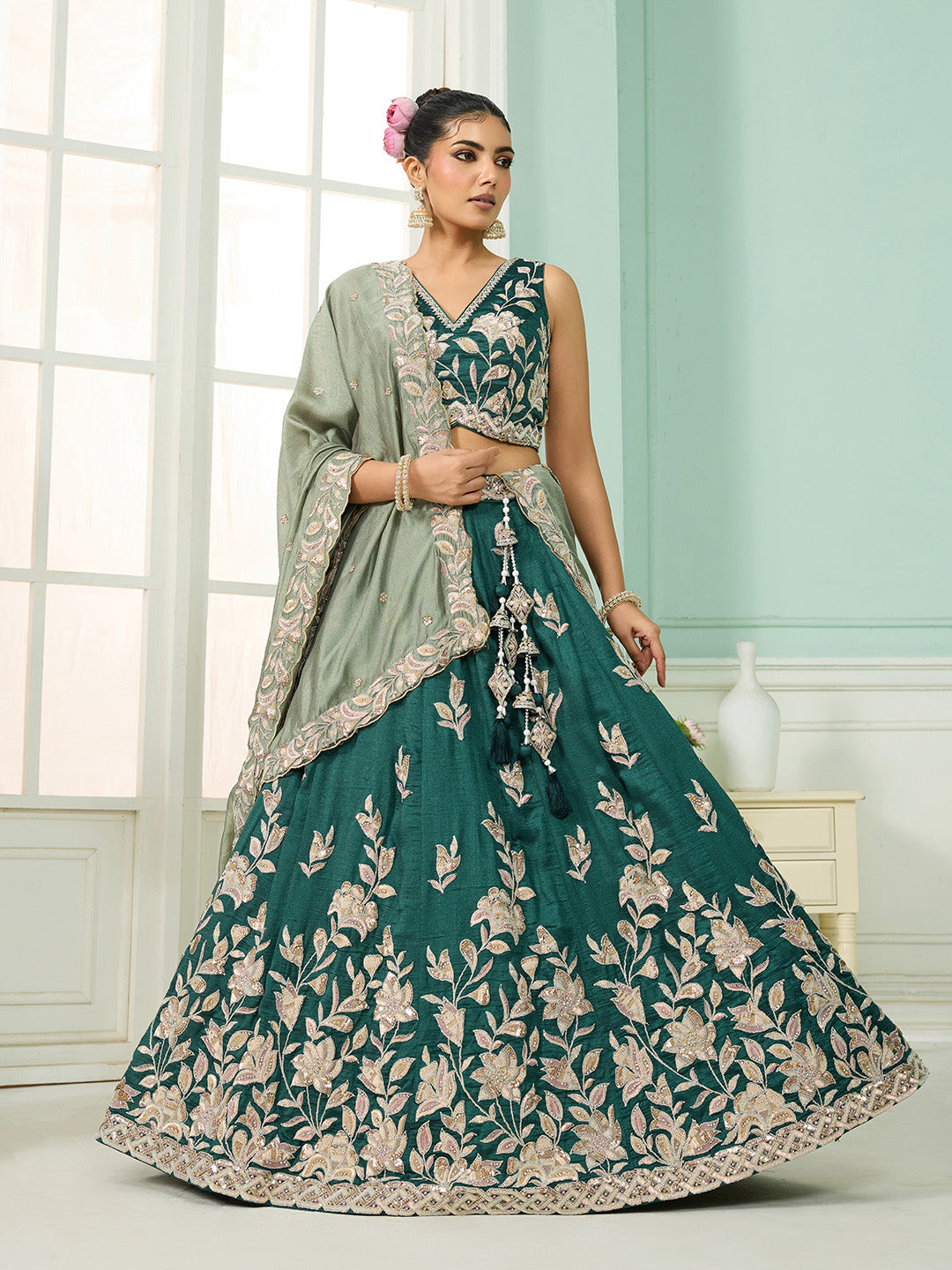 Green- Silk Fabric Sequins embroidery Semi-Stitched Lehenga & Unstitched Blouse With Dupatta - qivii