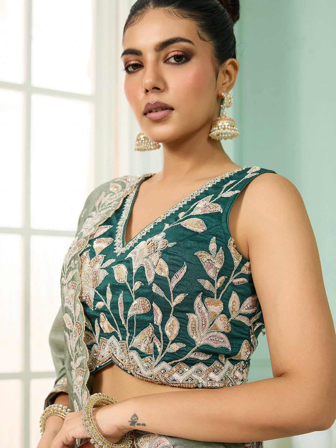 Green- Silk Fabric Sequins embroidery Semi-Stitched Lehenga & Unstitched Blouse With Dupatta - qivii