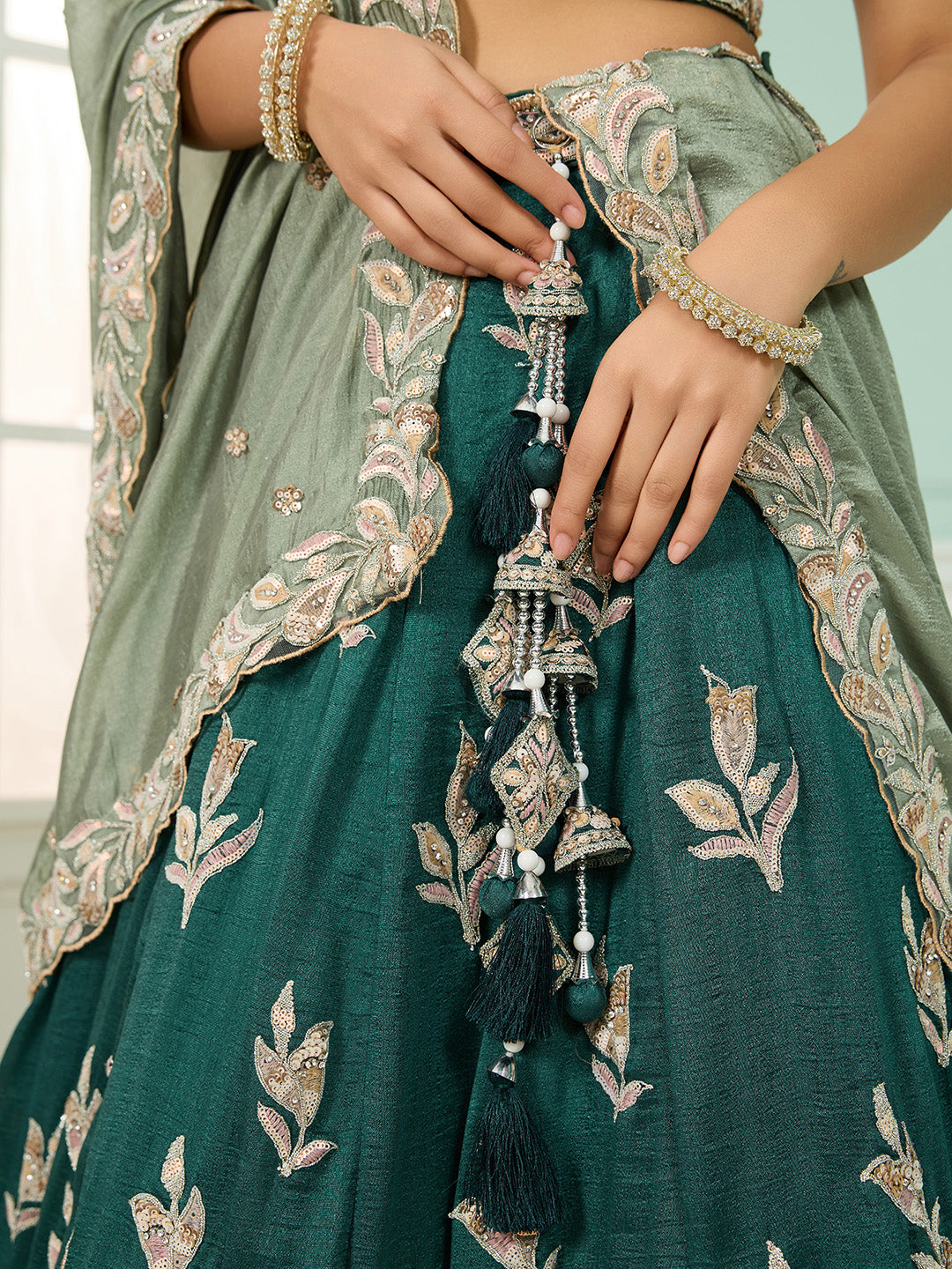 Green- Silk Fabric Sequins embroidery Semi-Stitched Lehenga & Unstitched Blouse With Dupatta - qivii