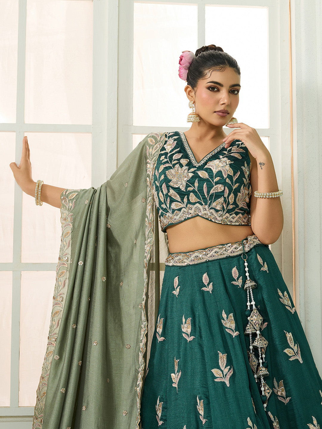 Green- Silk Fabric Sequins embroidery Semi-Stitched Lehenga & Unstitched Blouse With Dupatta - qivii
