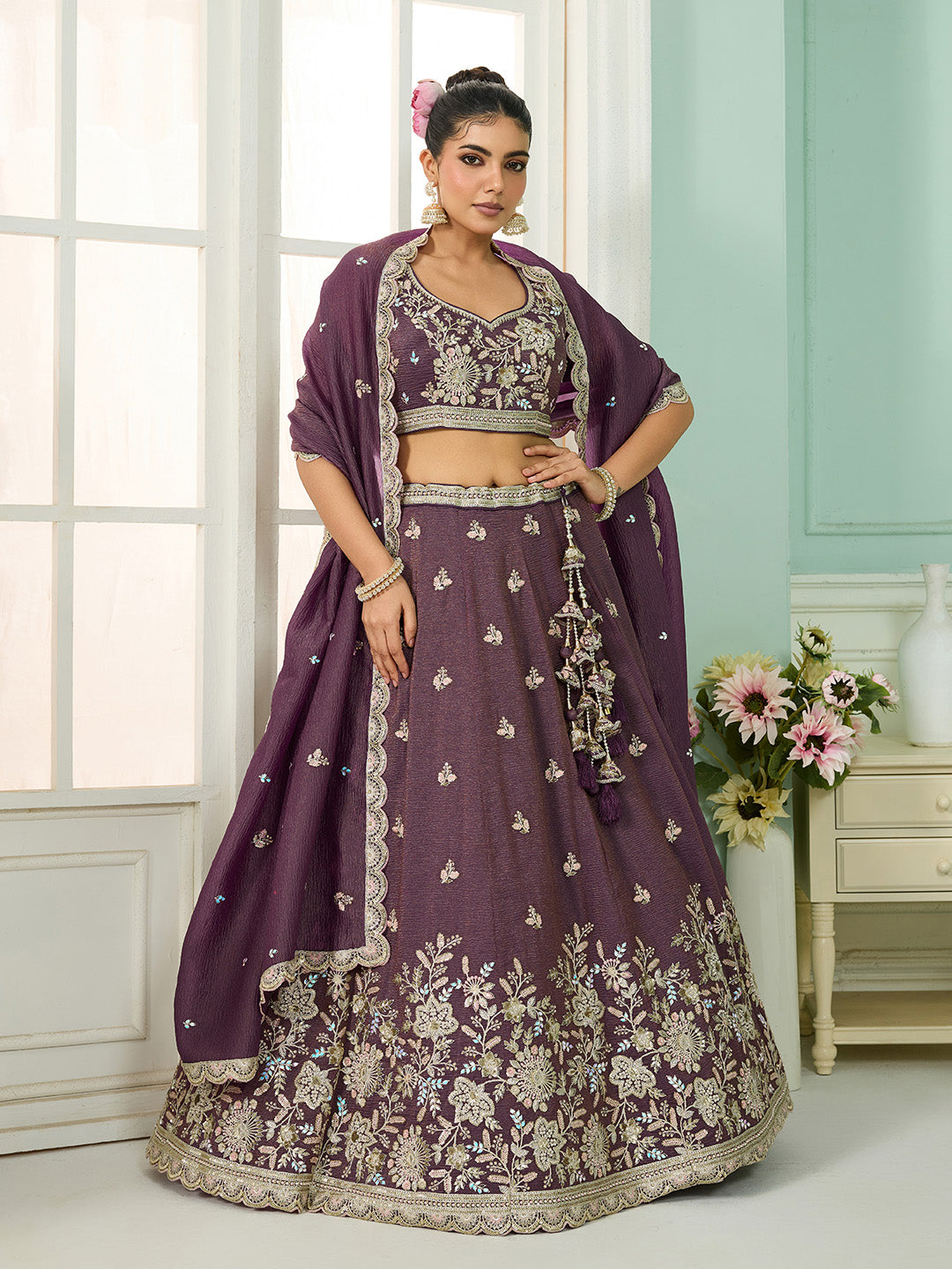 Purple- Tissue Fabric Sequins embroidery Semi-Stitched Lehenga & Unstitched Blouse With Dupatta - qivii