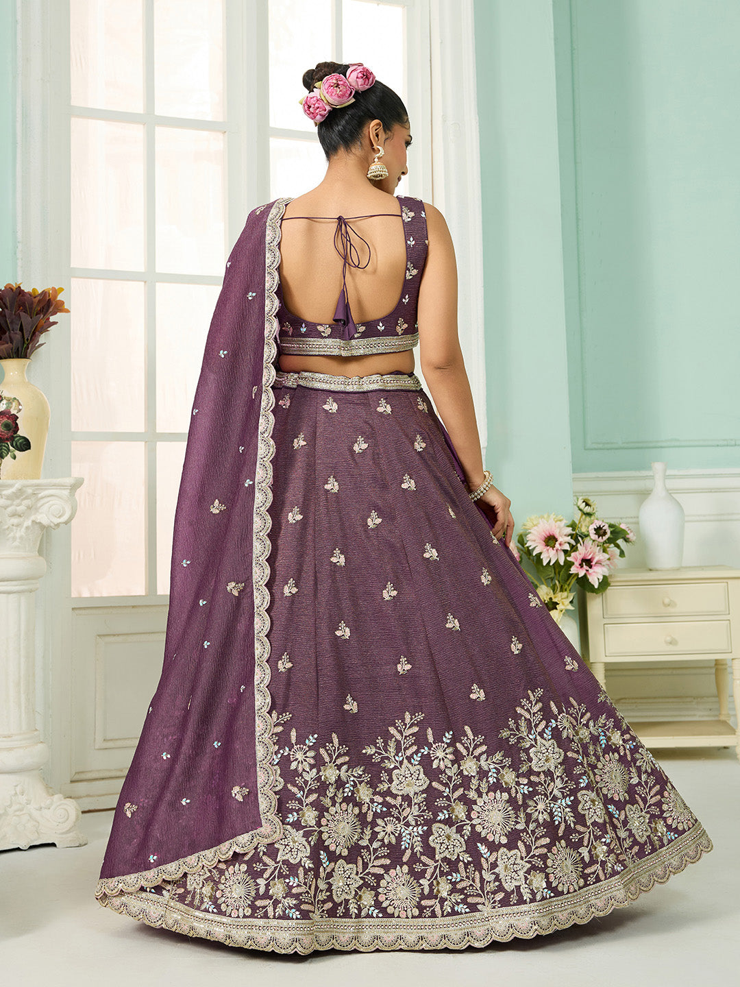 Purple- Tissue Fabric Sequins embroidery Semi-Stitched Lehenga & Unstitched Blouse With Dupatta - qivii