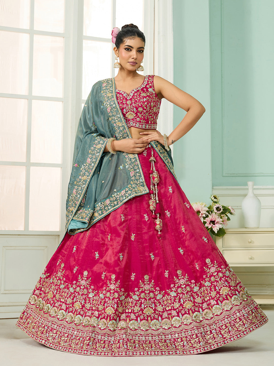 Pink- Silk Fabric Sequins embroidery Semi-Stitched Lehenga & Unstitched Blouse With Dupatta - qivii