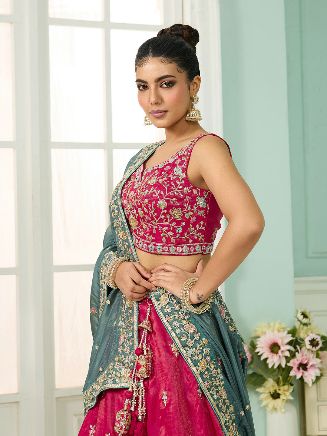 Pink- Silk Fabric Sequins embroidery Semi-Stitched Lehenga & Unstitched Blouse With Dupatta - qivii