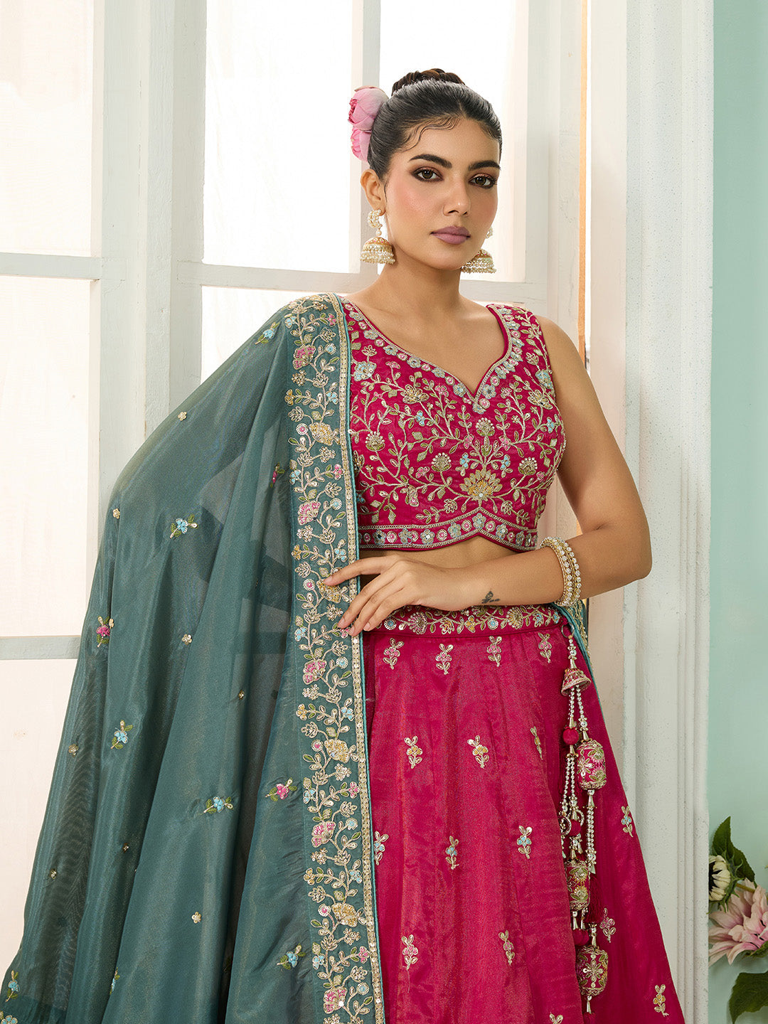 Pink- Silk Fabric Sequins embroidery Semi-Stitched Lehenga & Unstitched Blouse With Dupatta - qivii