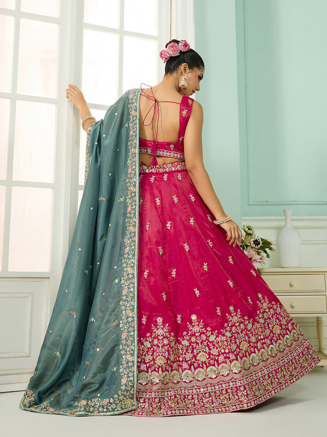 Pink- Silk Fabric Sequins embroidery Semi-Stitched Lehenga & Unstitched Blouse With Dupatta - qivii