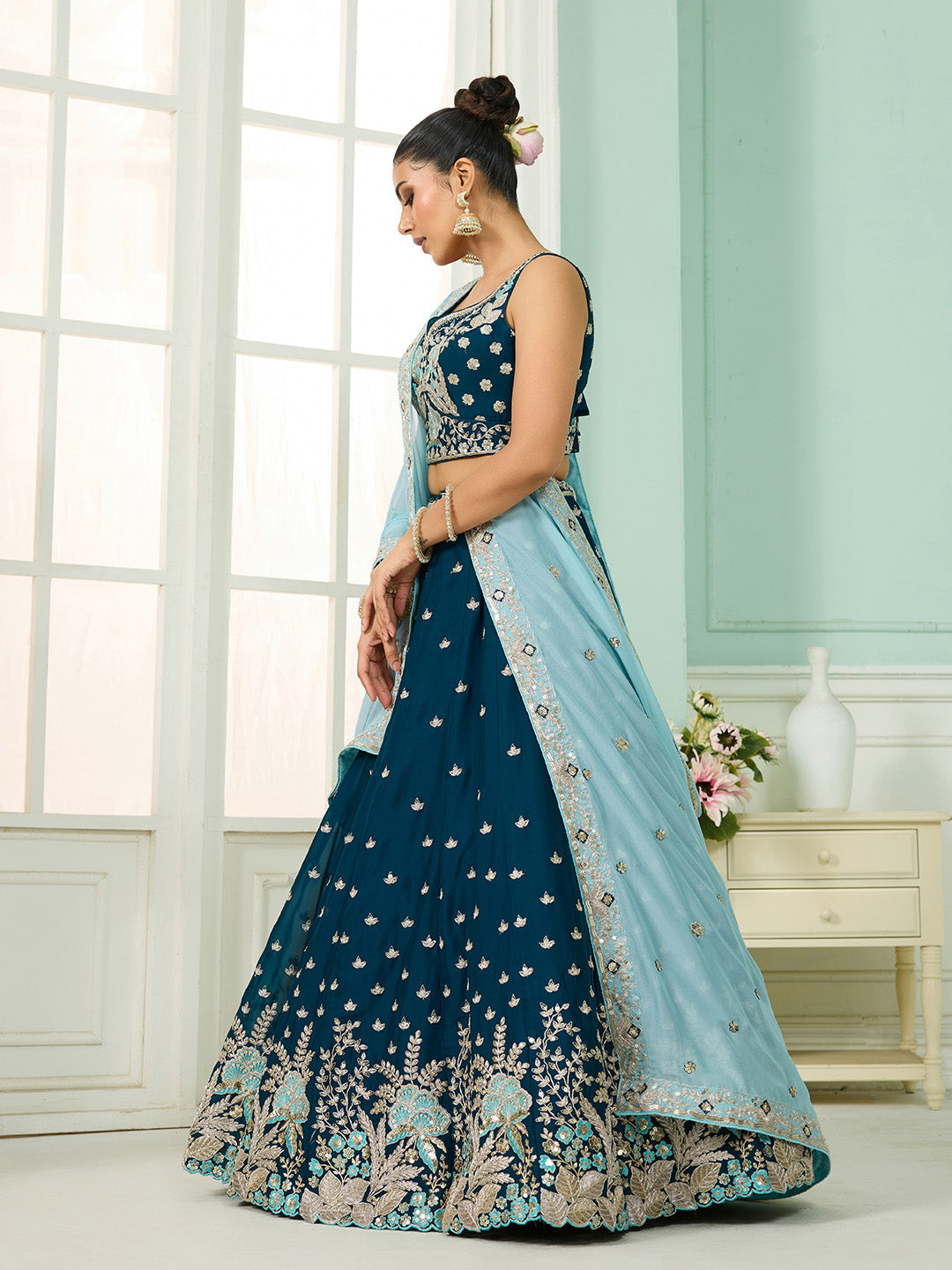 Teal- Georgette Fabric Sequins embroidery Semi-Stitched Lehenga & Unstitched Blouse With Dupatta - qivii