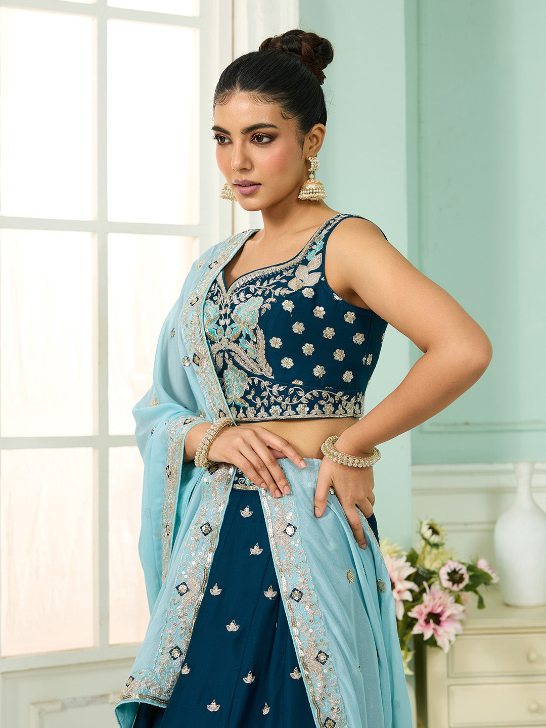 Teal- Georgette Fabric Sequins embroidery Semi-Stitched Lehenga & Unstitched Blouse With Dupatta - qivii