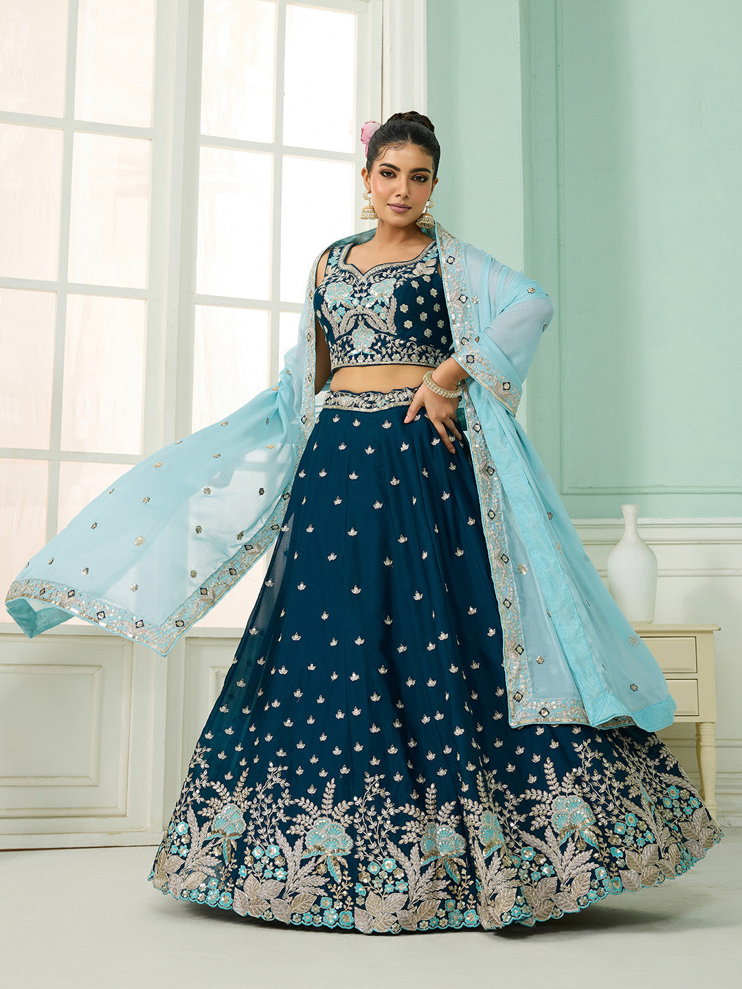 Teal- Georgette Fabric Sequins embroidery Semi-Stitched Lehenga & Unstitched Blouse With Dupatta - qivii
