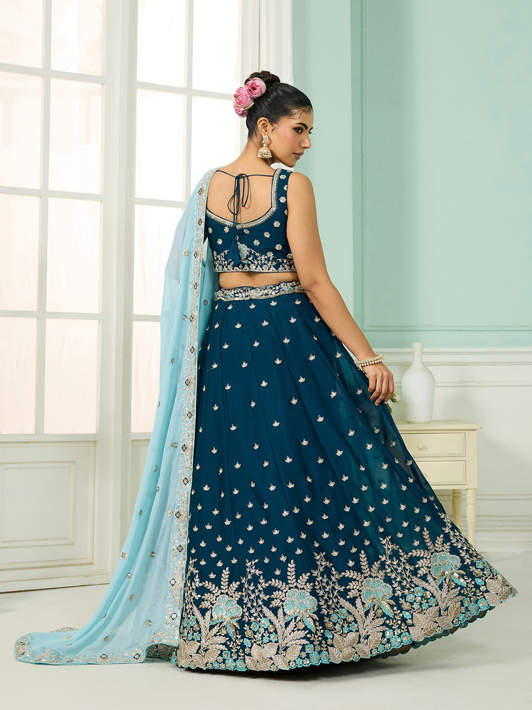 Teal- Georgette Fabric Sequins embroidery Semi-Stitched Lehenga & Unstitched Blouse With Dupatta - qivii