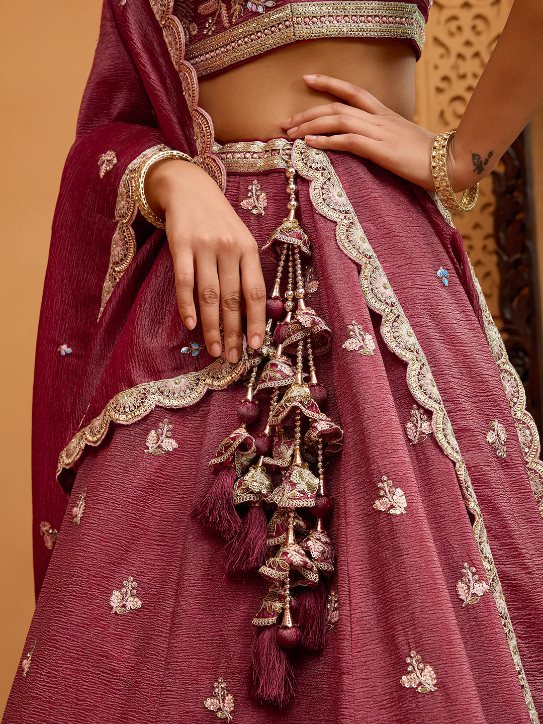 Rosegold- Tissue Fabric Sequins embroidery Semi-Stitched Lehenga & Unstitched Blouse With Dupatta - qivii