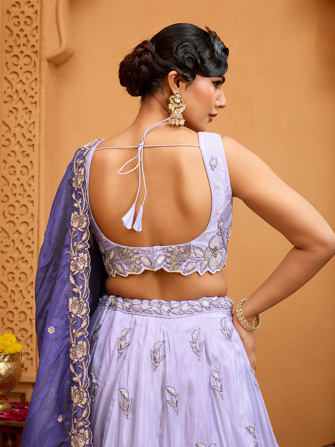 Lavender- Tissue Fabric Sequins embroidery Semi-Stitched Lehenga & Unstitched Blouse With Dupatta - qivii