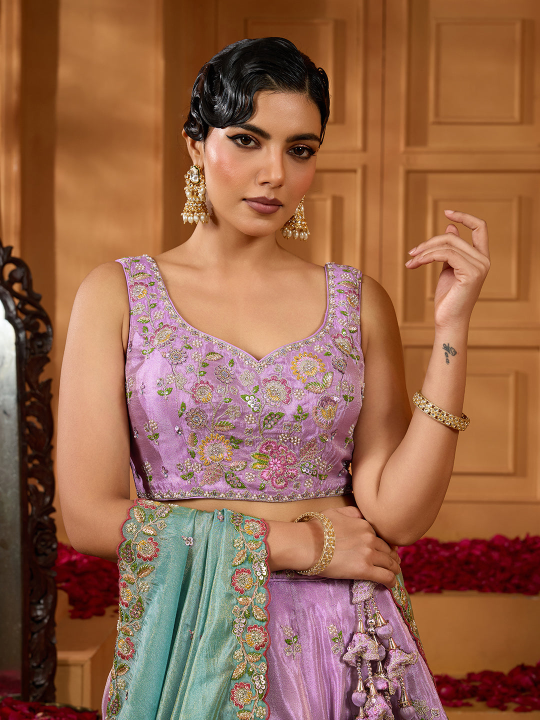 Lavender- Satin Silk Fabric Sequins embroidery Semi-Stitched Lehenga & Unstitched Blouse With Dupatta - qivii