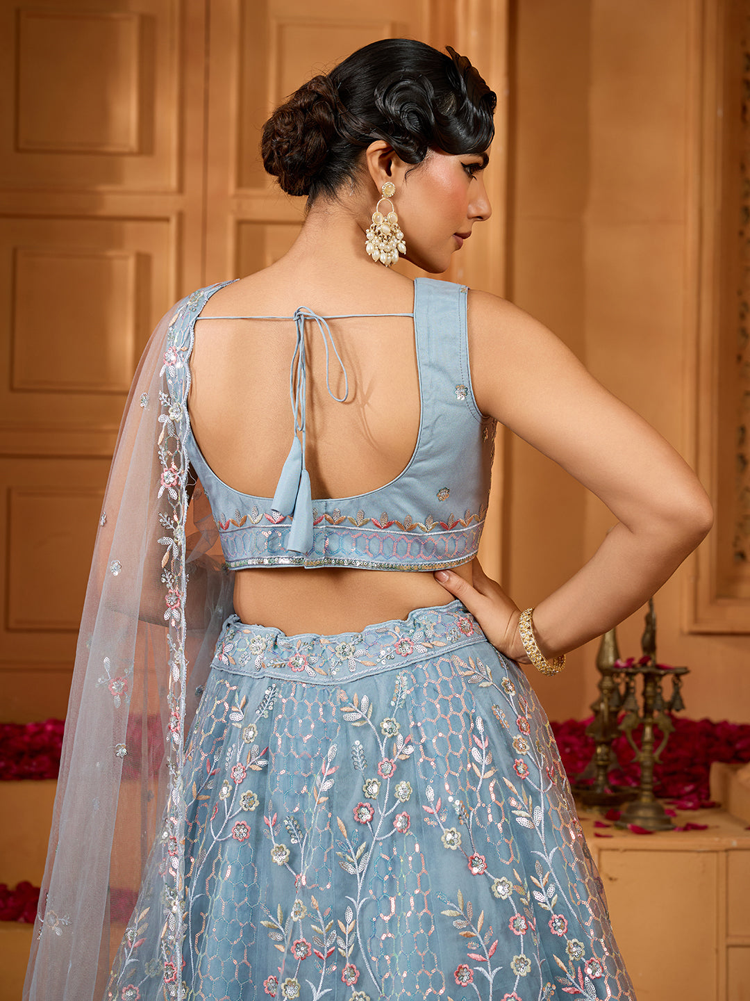 Grey- Net Fabric Sequins embroidery Semi-Stitched Lehenga & Unstitched Blouse With Dupatta - qivii