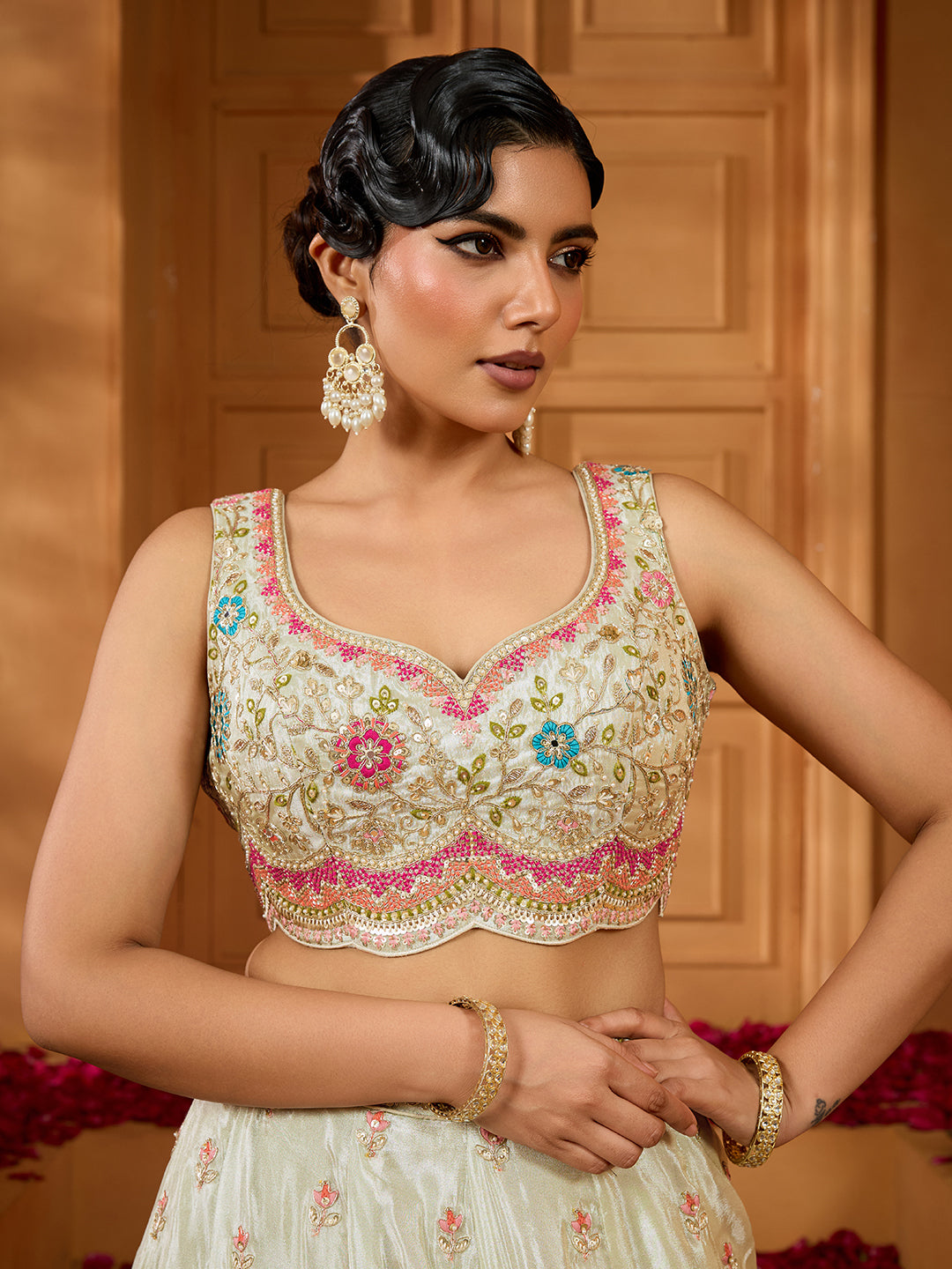 Limegreen- Tissue Fabric Sequins embroidery Semi-Stitched Lehenga & Unstitched Blouse With Dupatta - qivii