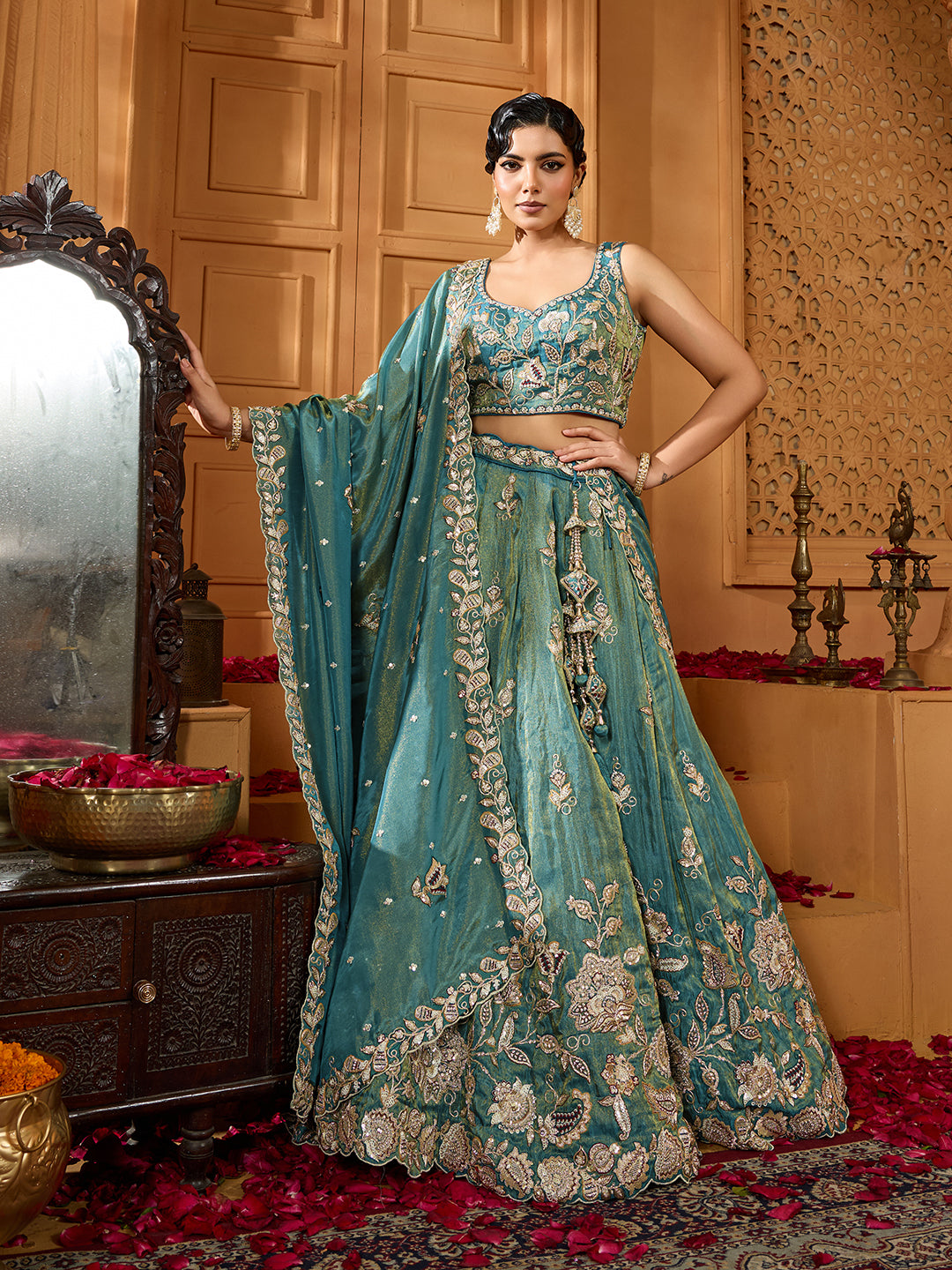 Green- Tissue Fabric Sequins embroidery Semi-Stitched Lehenga & Unstitched Blouse With Dupatta - qivii