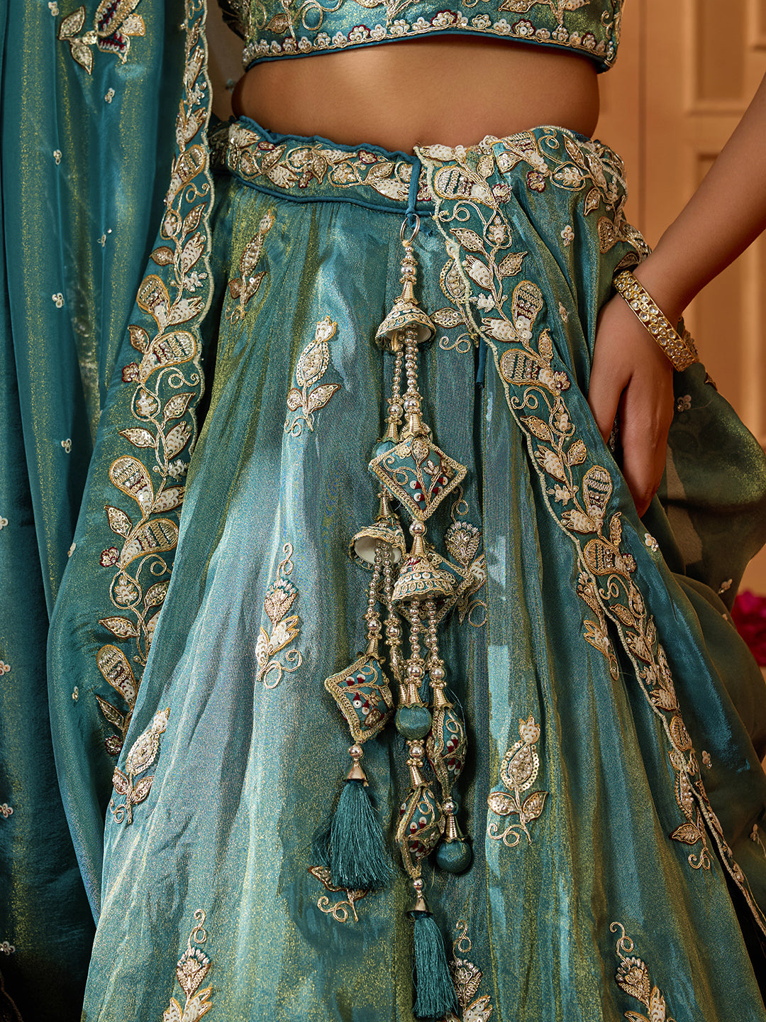 Green- Tissue Fabric Sequins embroidery Semi-Stitched Lehenga & Unstitched Blouse With Dupatta - qivii