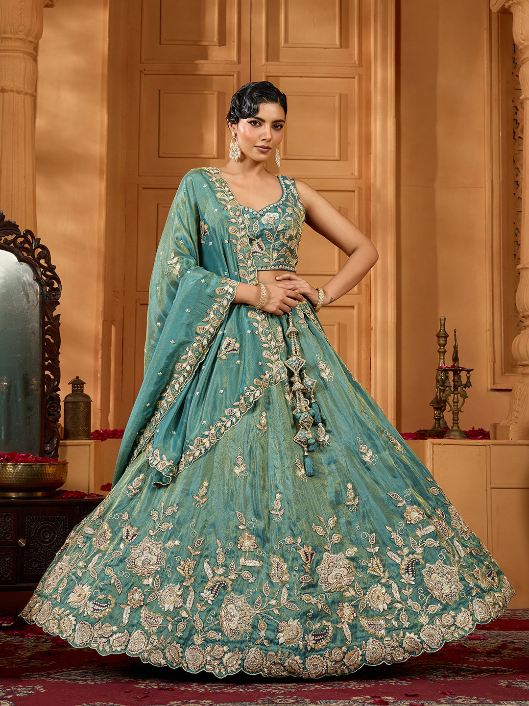 Green- Tissue Fabric Sequins embroidery Semi-Stitched Lehenga & Unstitched Blouse With Dupatta - qivii