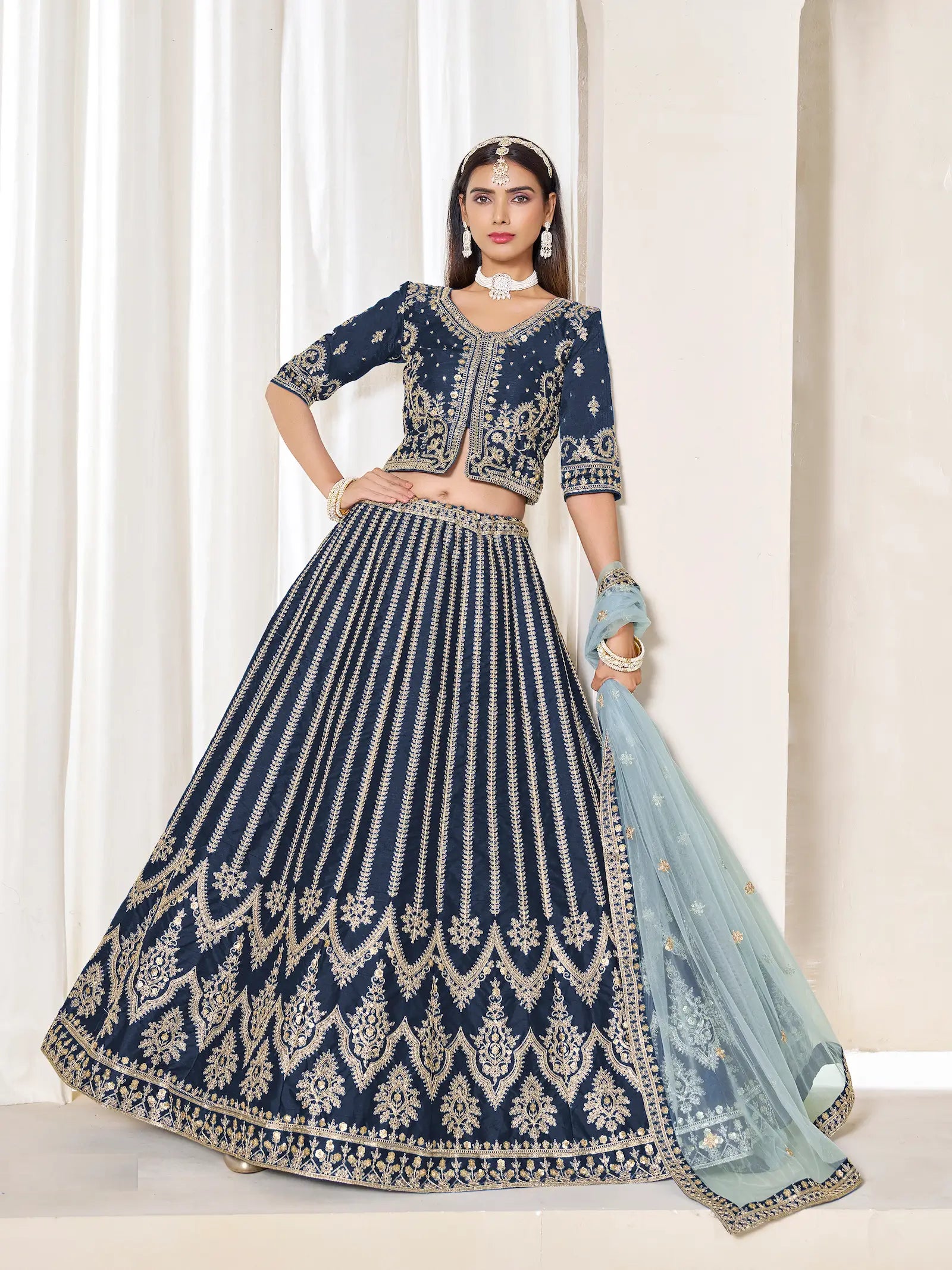 Navy Blue Art Silk Thread & Sequins Embroidery Lehenga Choli - qivii