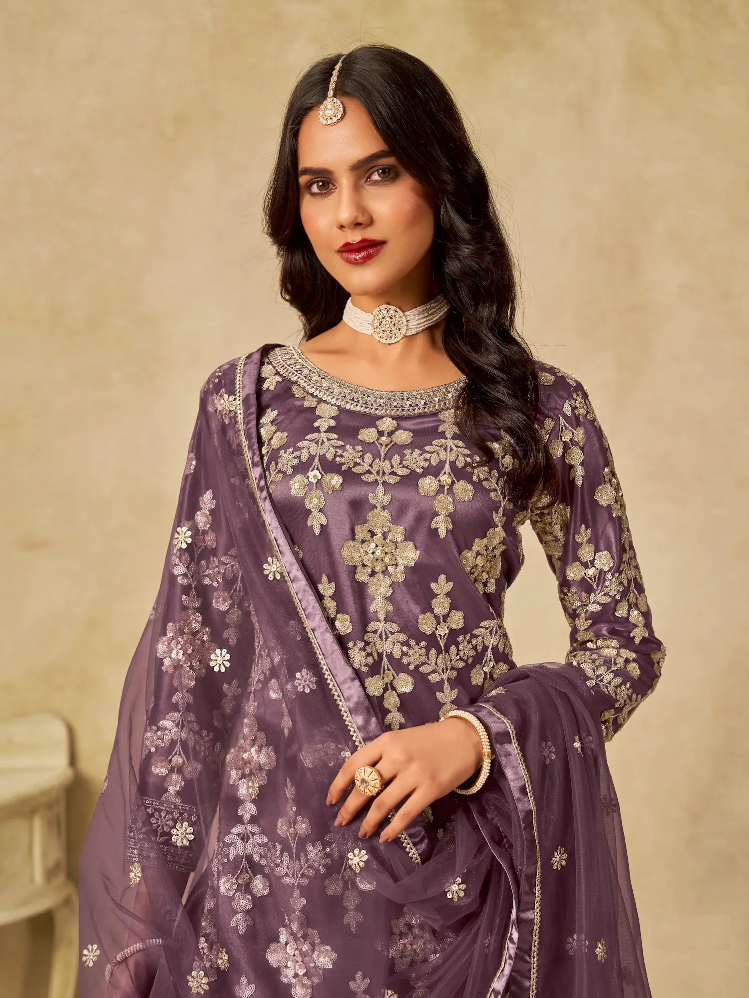 Dull Purple Net Palazzo Suit With Sequins Embroidery - qivii