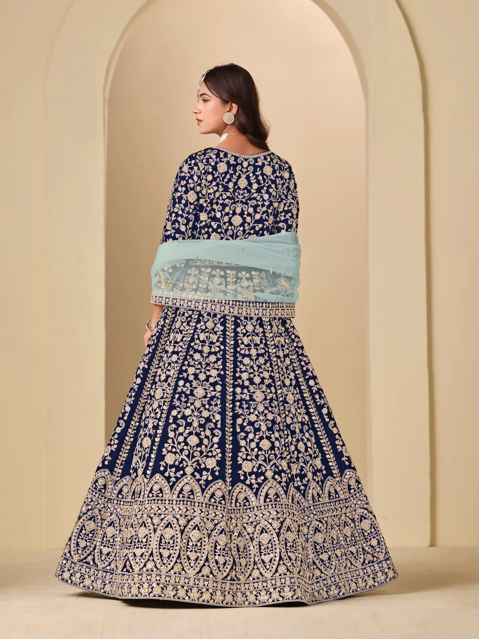 Navy Blue Velvet Heavy Embroidered Gown