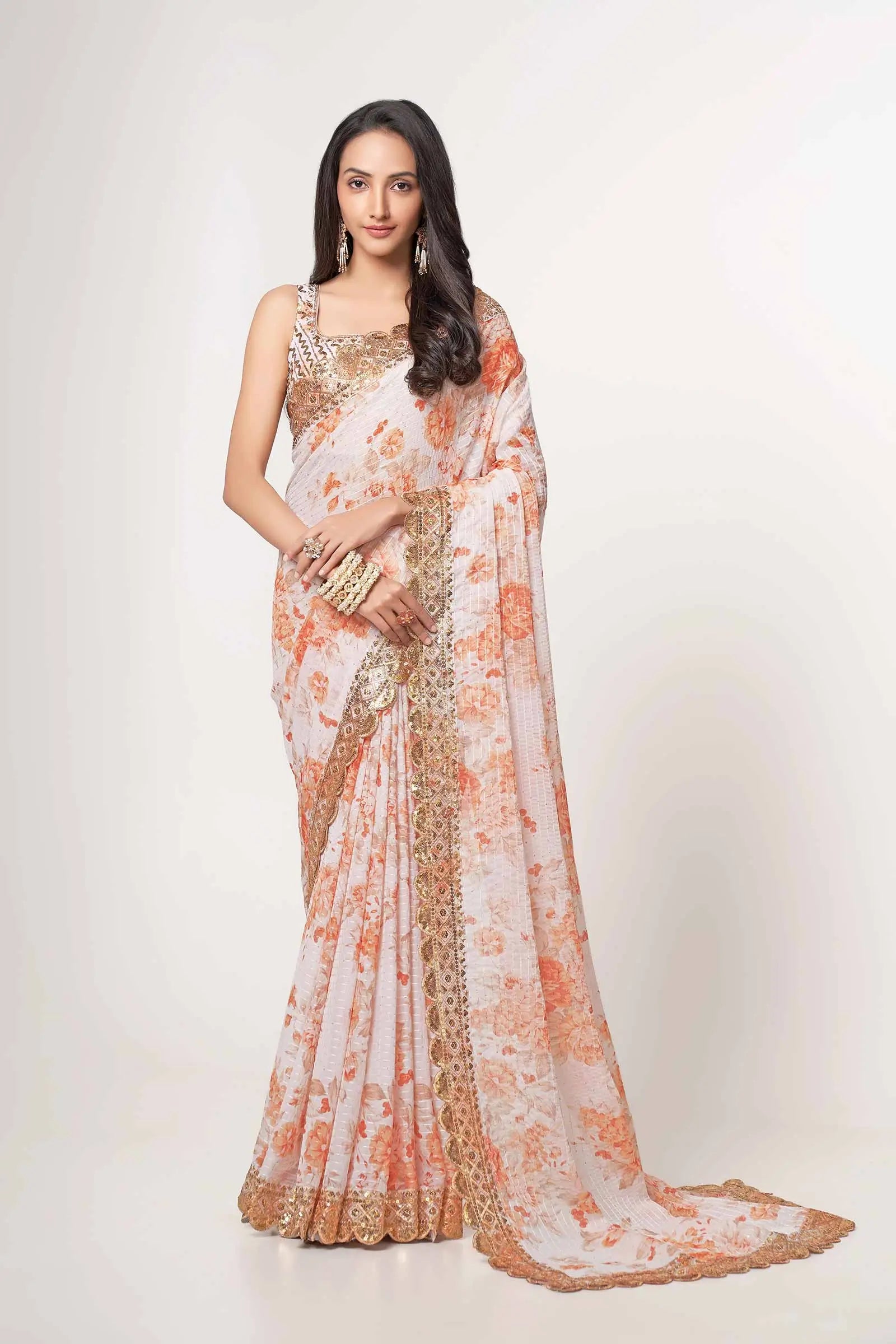 White Floral Print Organza Saree With Sequins Work - qivii