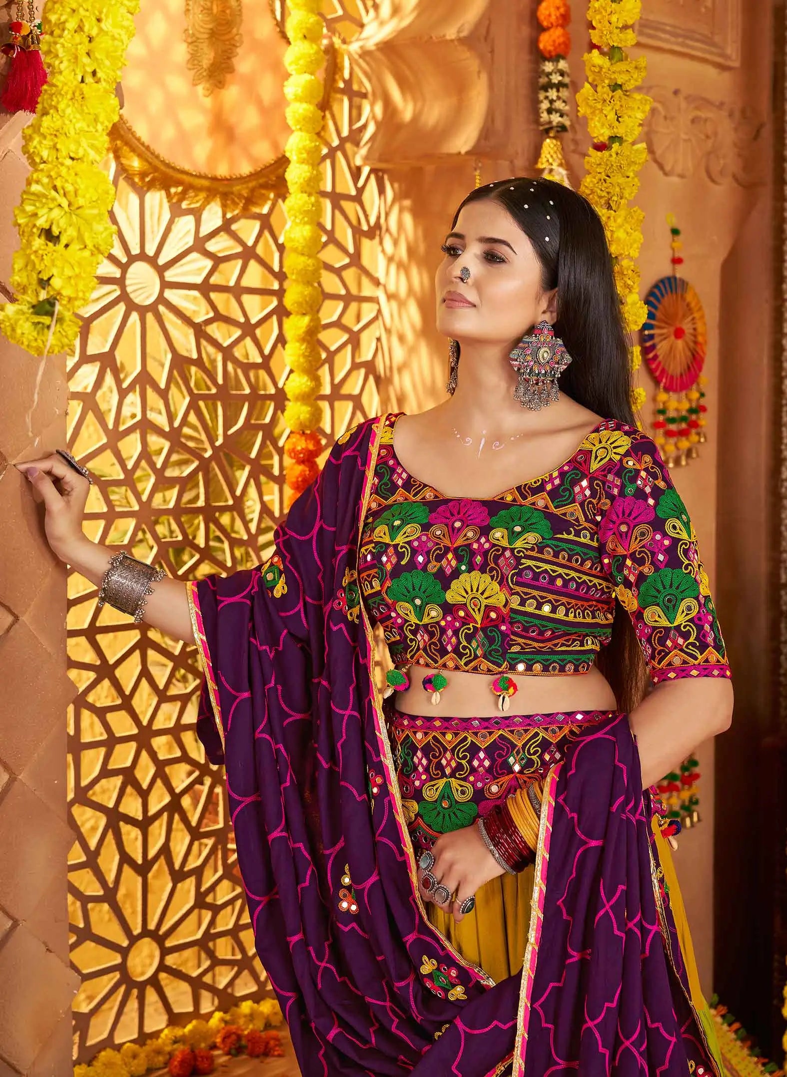 Dark Purple Embroidery & Mirror Work Colorful Navratri Lehenga With Waist Belt