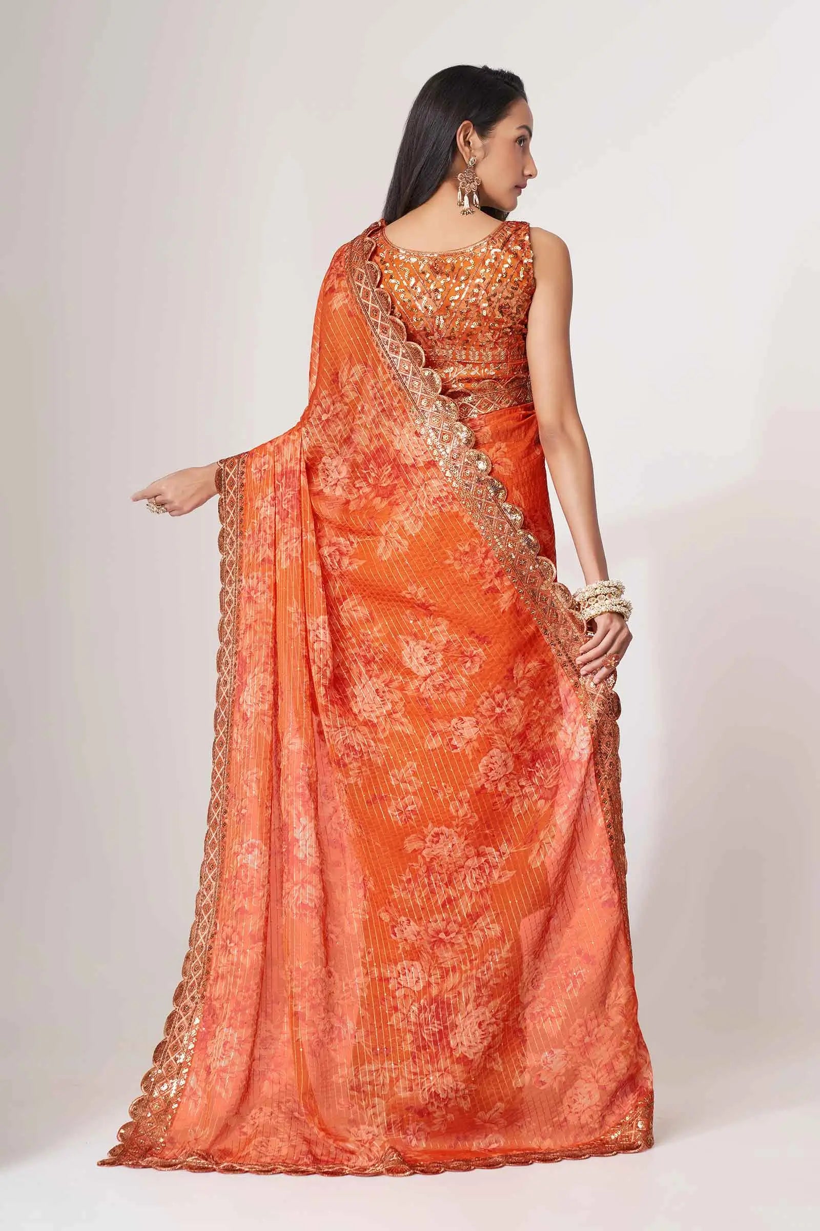 Orange Floral Print Organza Saree With Sequins Work - qivii