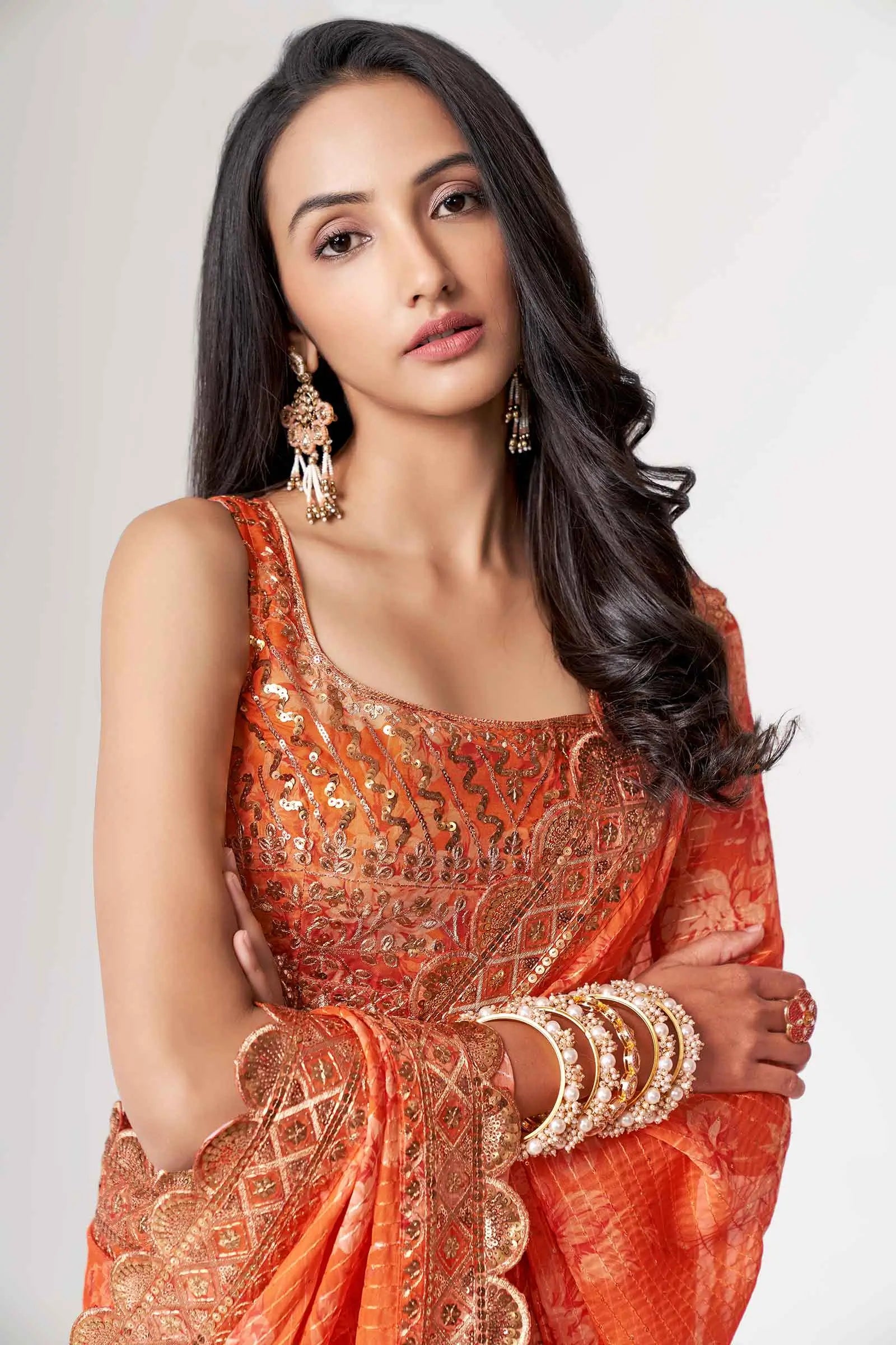 Orange Floral Print Organza Saree With Sequins Work - qivii