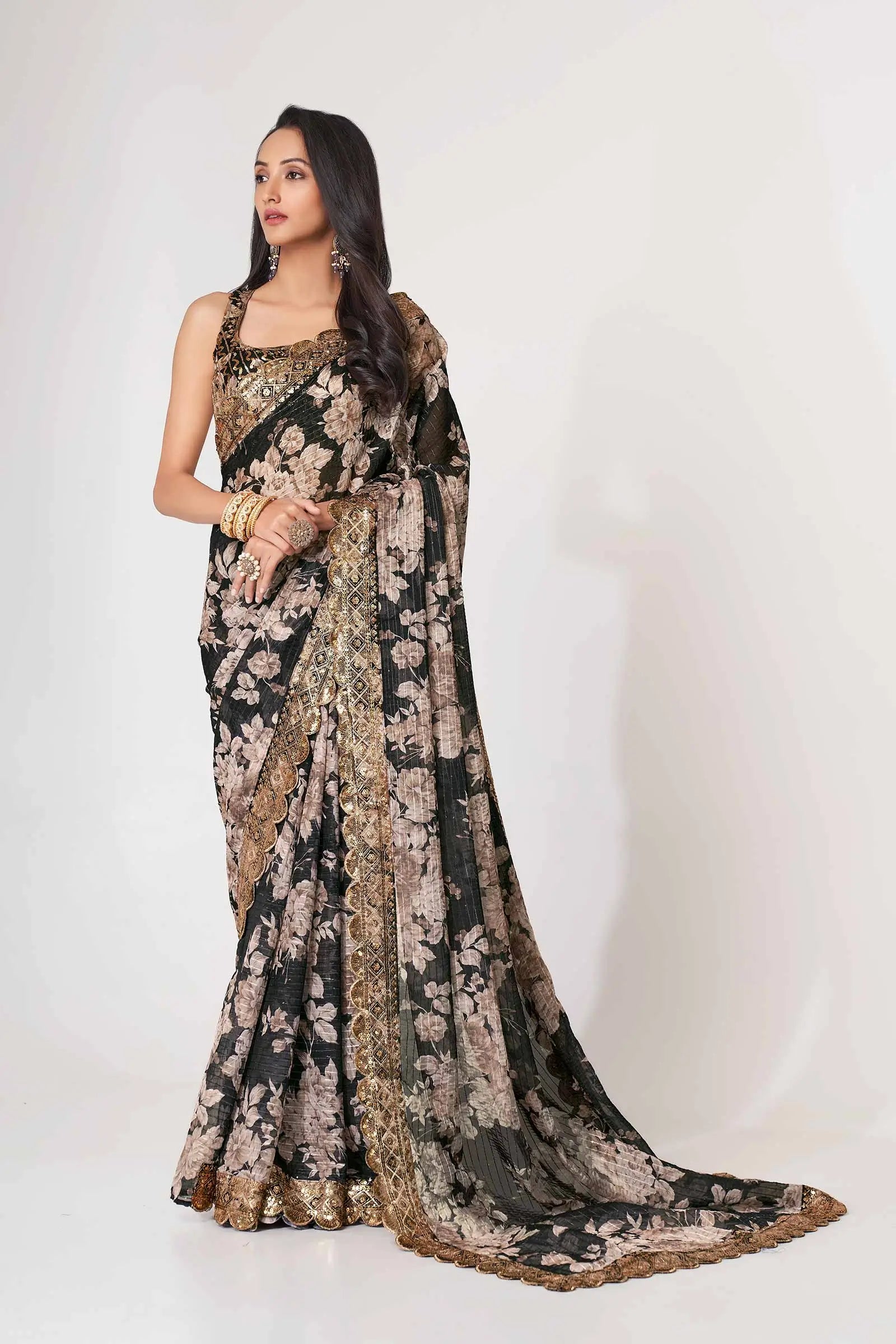 Black Floral Print Organza Saree With Sequins Work - qivii